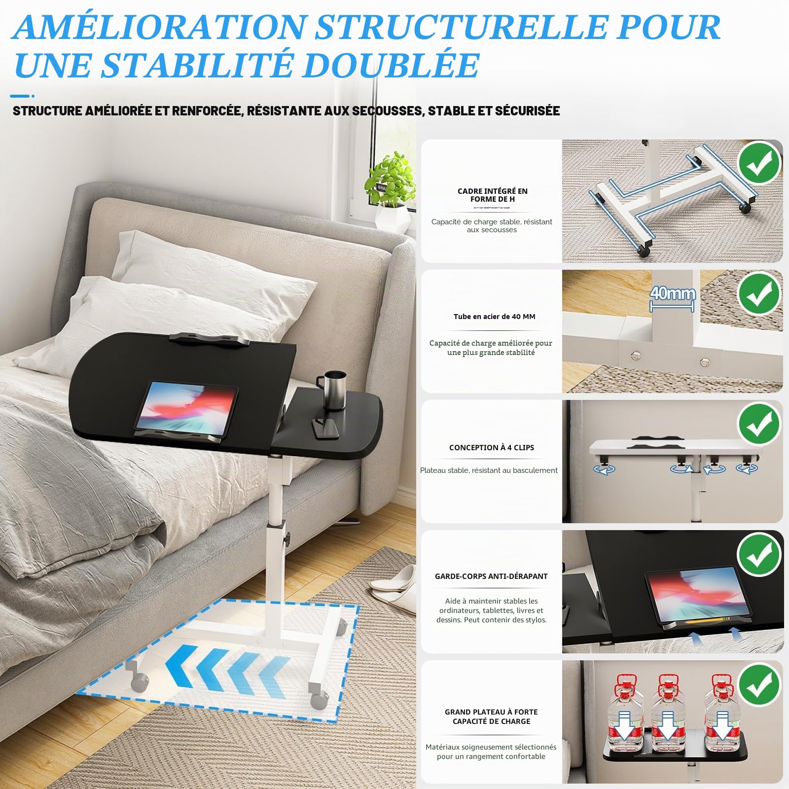 Table de lit réglable pour ordinateur portable avec bureau inclinable, roulettes et panier de rangement amovible, bureau de chevet réglable en hauteur pour bureau à domicile, étude, lecture et
