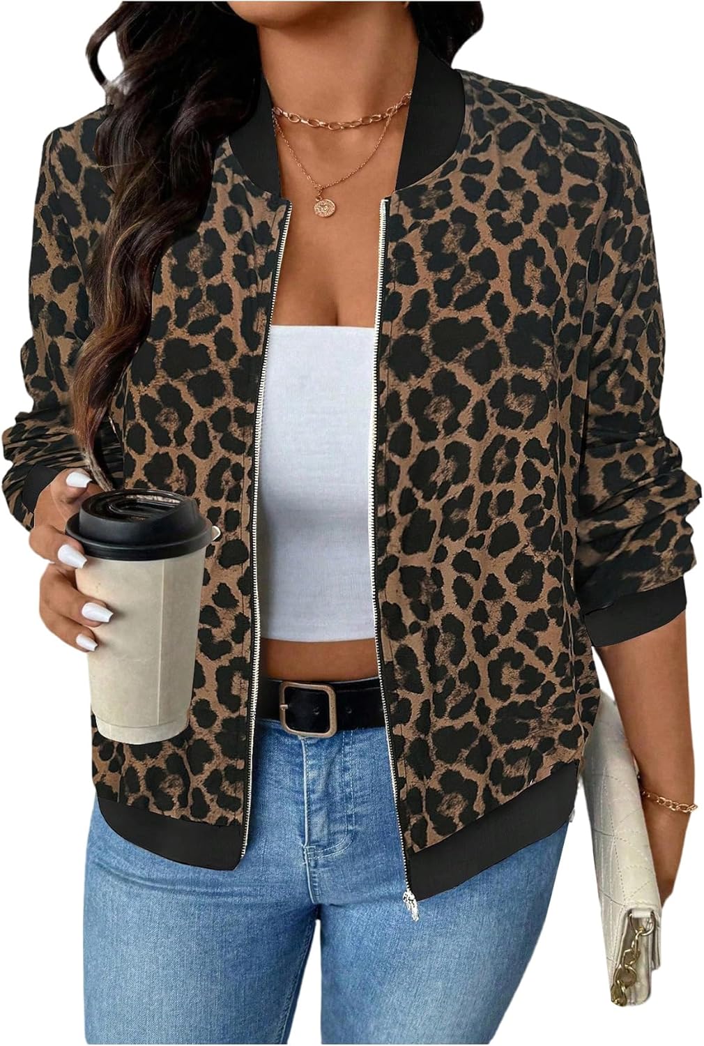 Verdusa Women's Plus Size Leopard Print Zip Up Jacket Long Sleeve Collared Jacket Outerwear