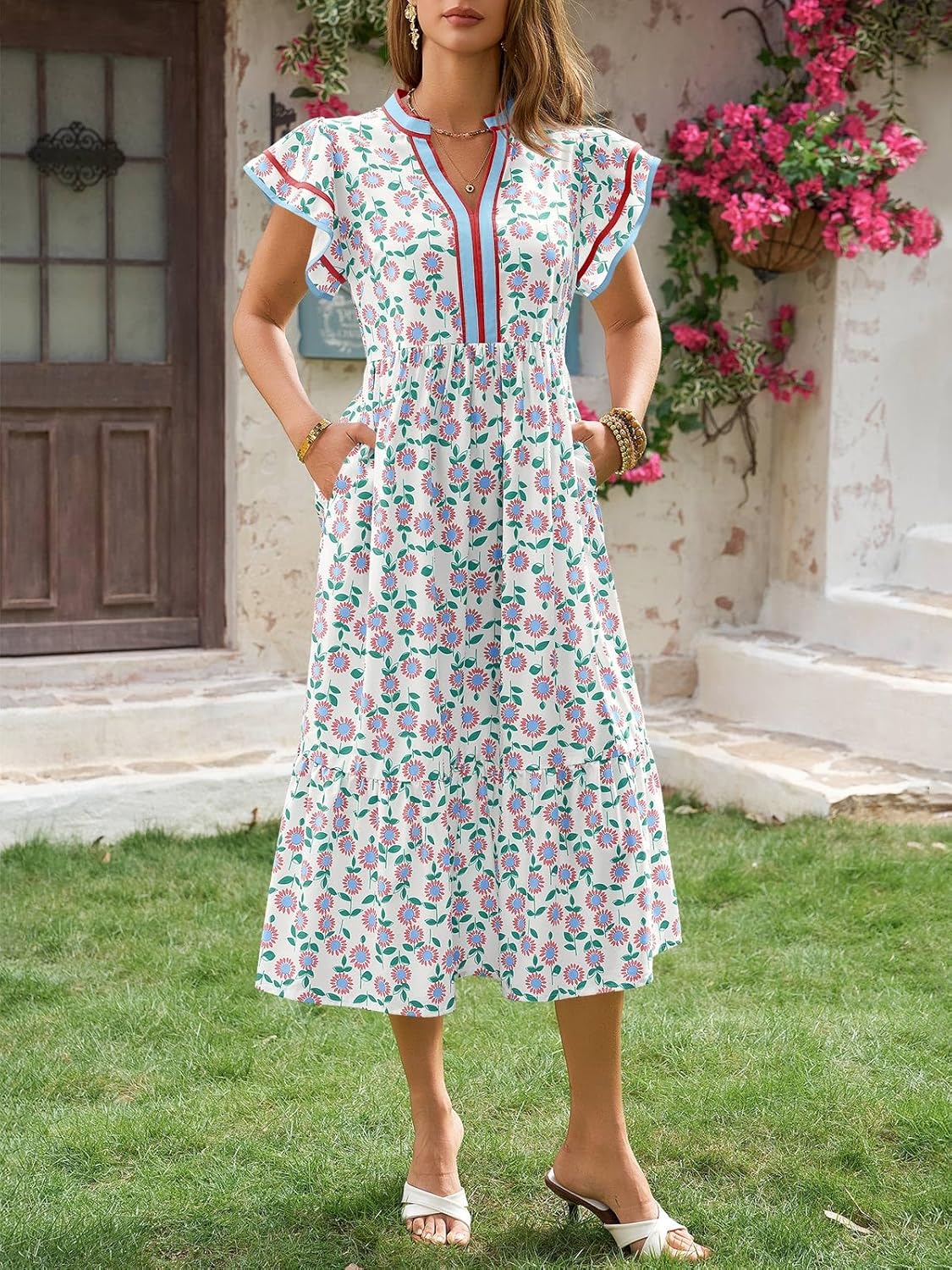 Wenrine Womens Summer Floral Midi Dresses Ruffle Cap Sleeve V Neck Flowy Boho Casual Beach Vacation Sundress - Image 4