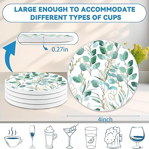 Miniatura 2 de Juego de 4 posavasos para bebidas, diseño de plantas verde salvia, redondos de 4 pulgadas, posavasos de cerámica absorbente con base de corcho,