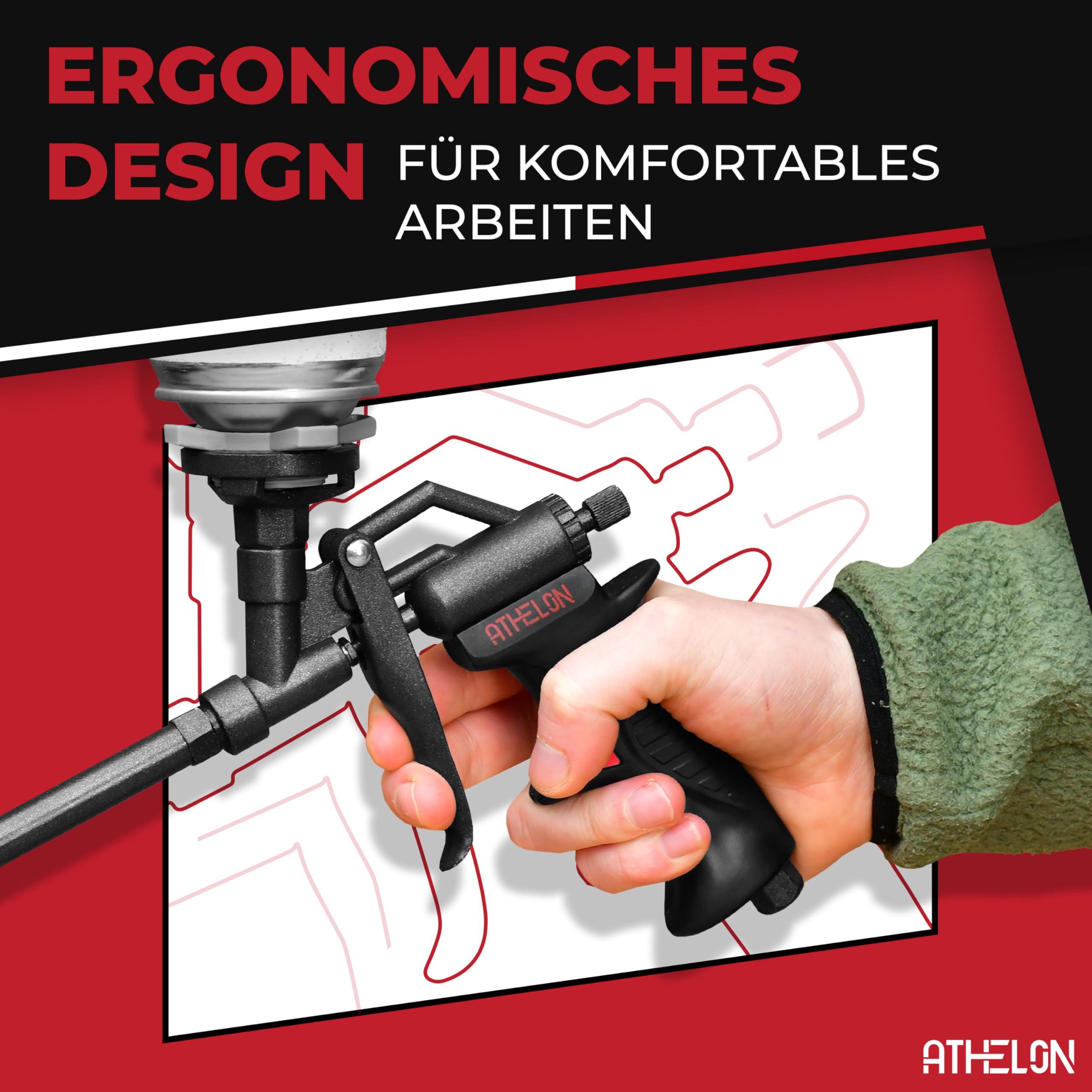 ATHELON® Pistola in schiuma PU – Pistola ergonomica in schiuma con rivestimento in teflon, valvola di dosaggio fine e inserti per un'applicazione precisa e semplice di schiuma di costruzione e schiuma