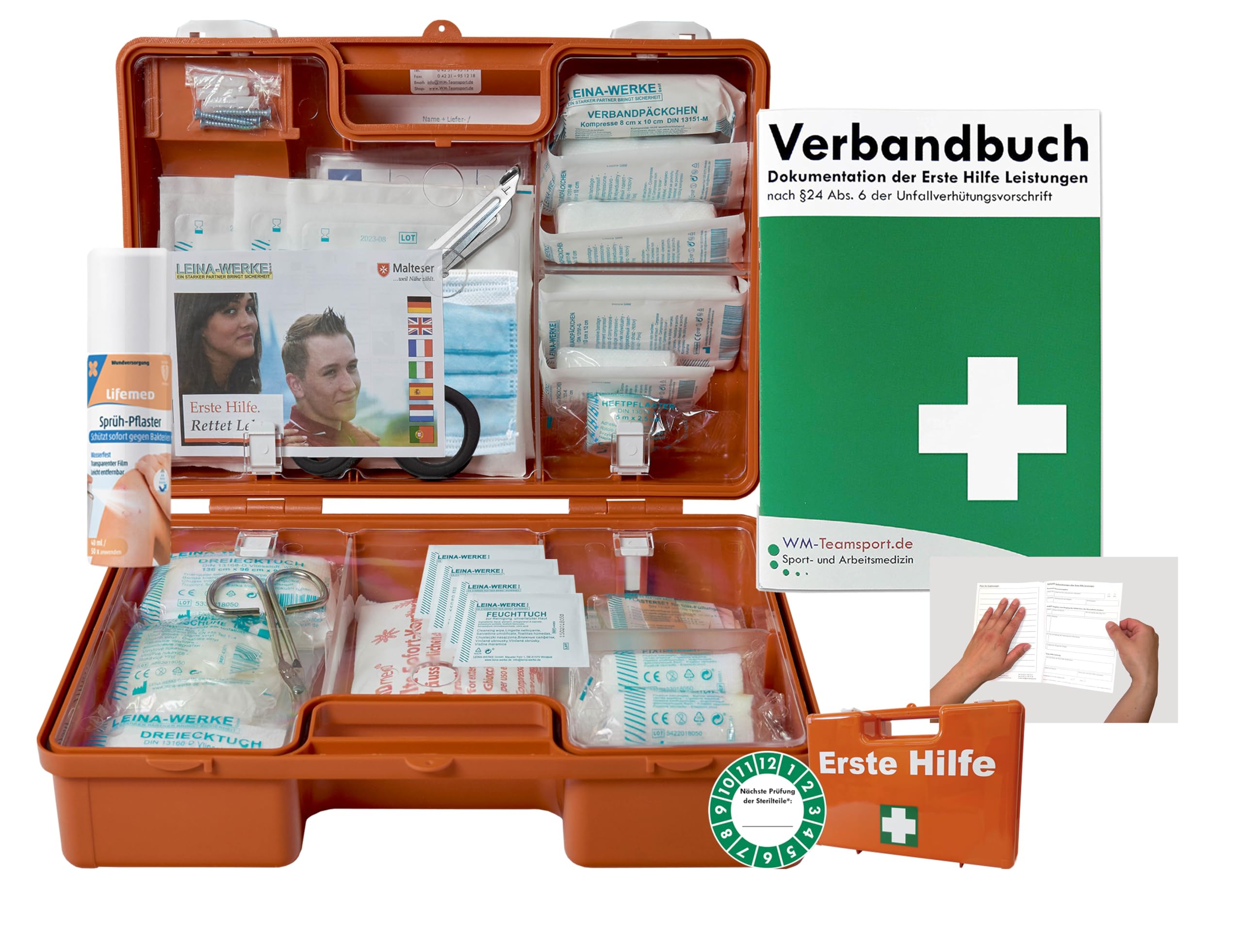 Verbandskoffer/Verbandskasten (M) Typ S - Erste Hilfe nach aktueller DIN 13157 für Betriebe -DSGVO- INKL. PERFORIERTEM VERBANDBUCH + Sprühpflaster