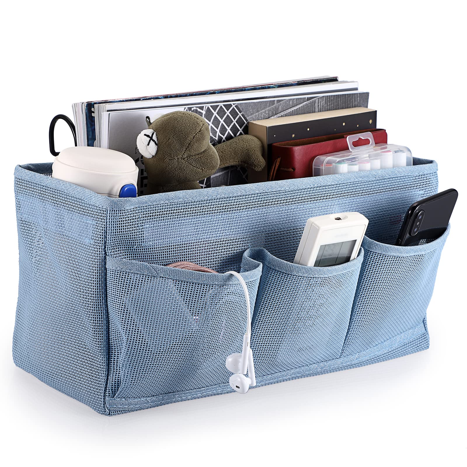 SUMTree Organisateur de chevet suspendu 4 poches sac de Rangement de chevet en filet panier de lit et crochet pour serviette, téléphone, stylos, télécommande (bleu)