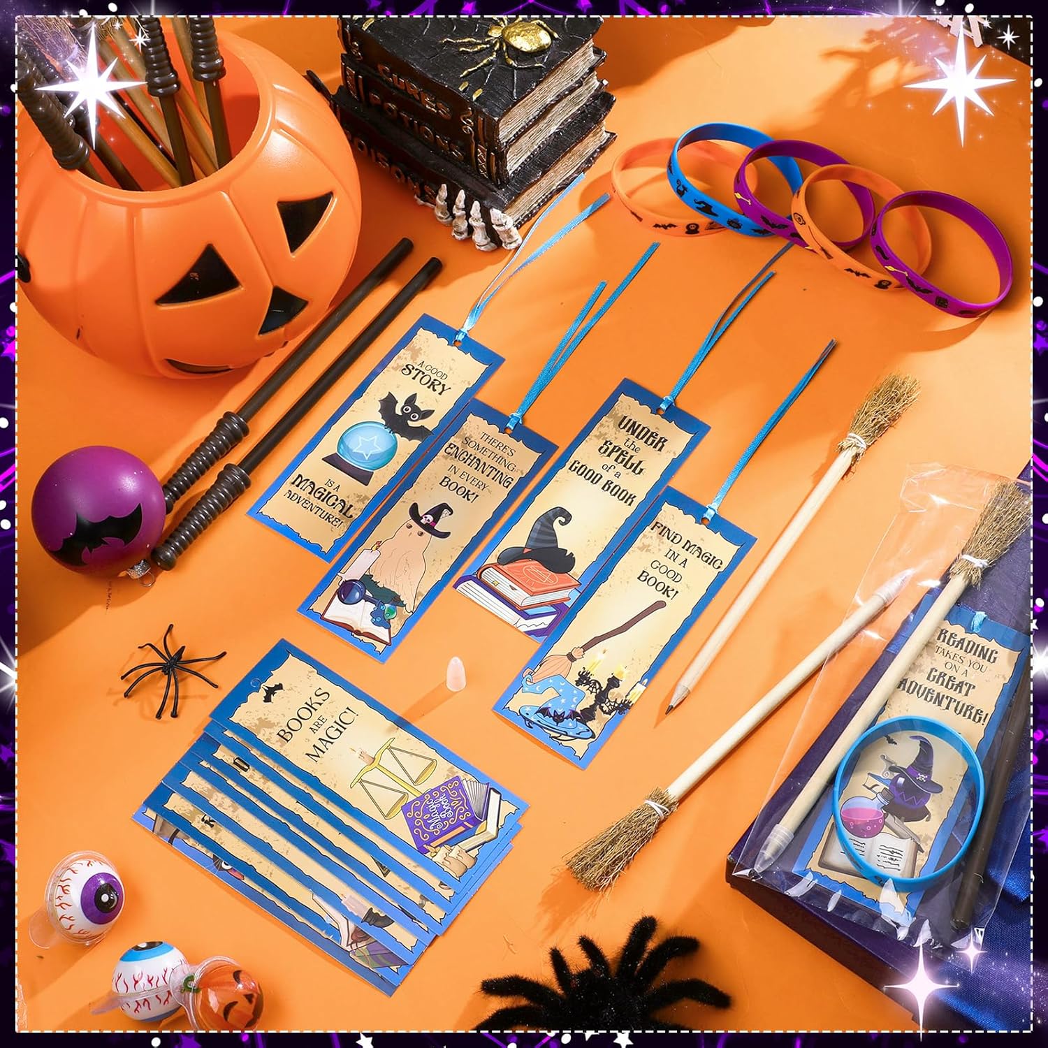 Eaasty 96 Pcs Magical Wizard Party Favors Included 48 Magical Bookmarks 24 Witch Broom Pencils 24 Wizard Silicone Bracelets for Halloween Witch Themed Birthday Goody Bag Filler Favors