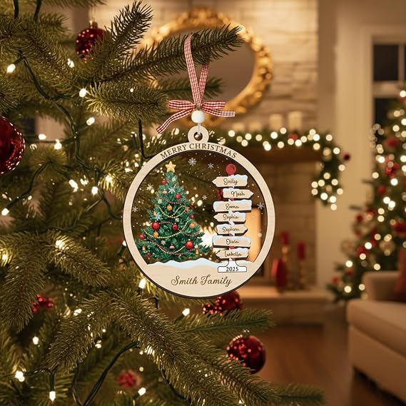 Personalized Christmas Wooden Ornaments 2025 with Family Names, Custom Xmas Ornament for Tree, Unique Personalized Ornament Gifts for Family, Christmas Keepsake 1