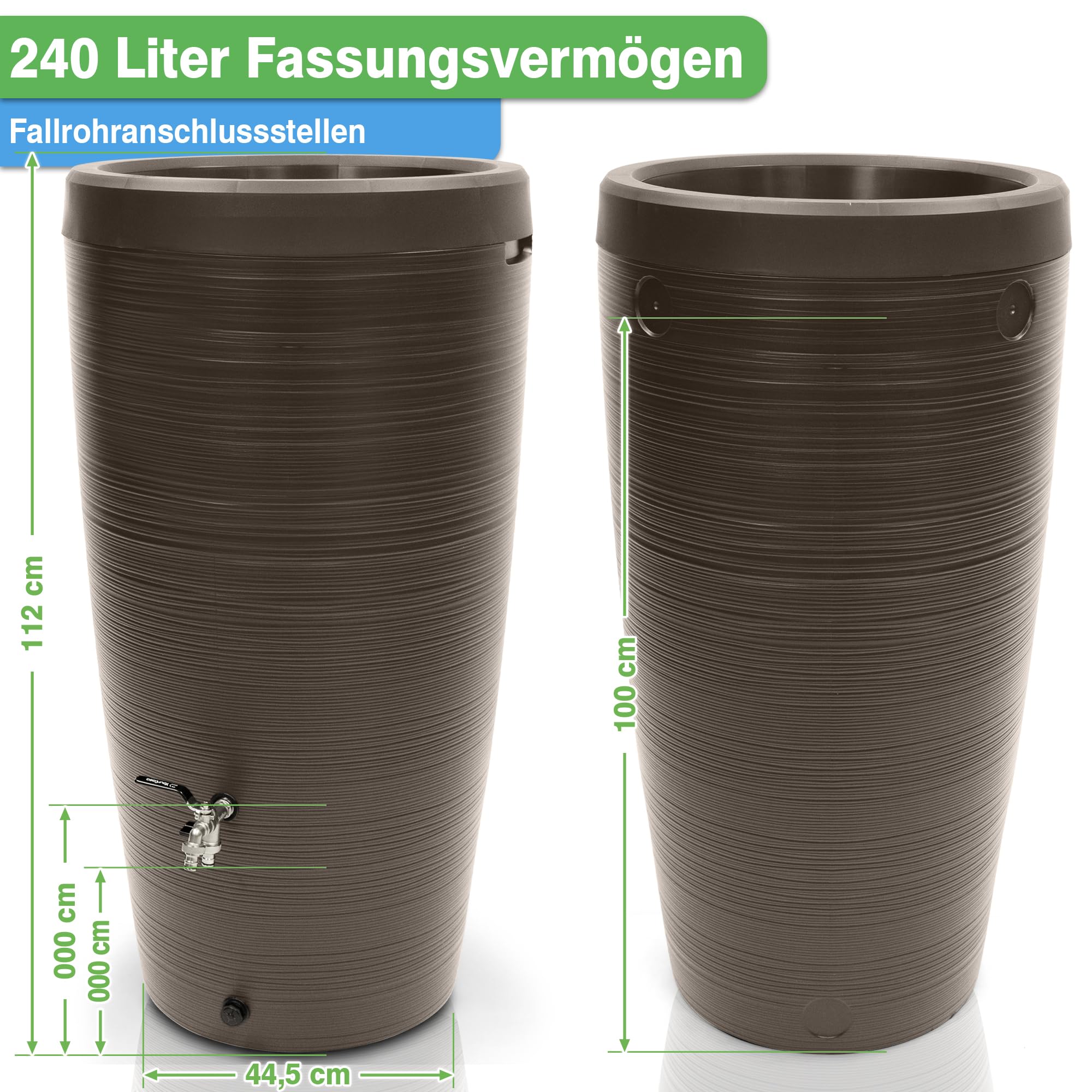 YourCasa Regentonne 240 Liter [Aquasplash] Messing Wasserhahn & Deckel - Regenfass Frostsicher aus Kunststoff - Regenwassertonne - Regenwassertank Garten Wassertank Regensammler Wasserfass (Mocha)
