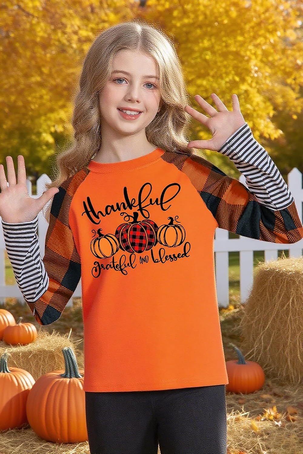 Kids Thanksgiving Shirts Boys Girls Turkey Graphic Tees Thankful Pumpkin Tshirt Fall Long Sleeve Tops 5-14 Years