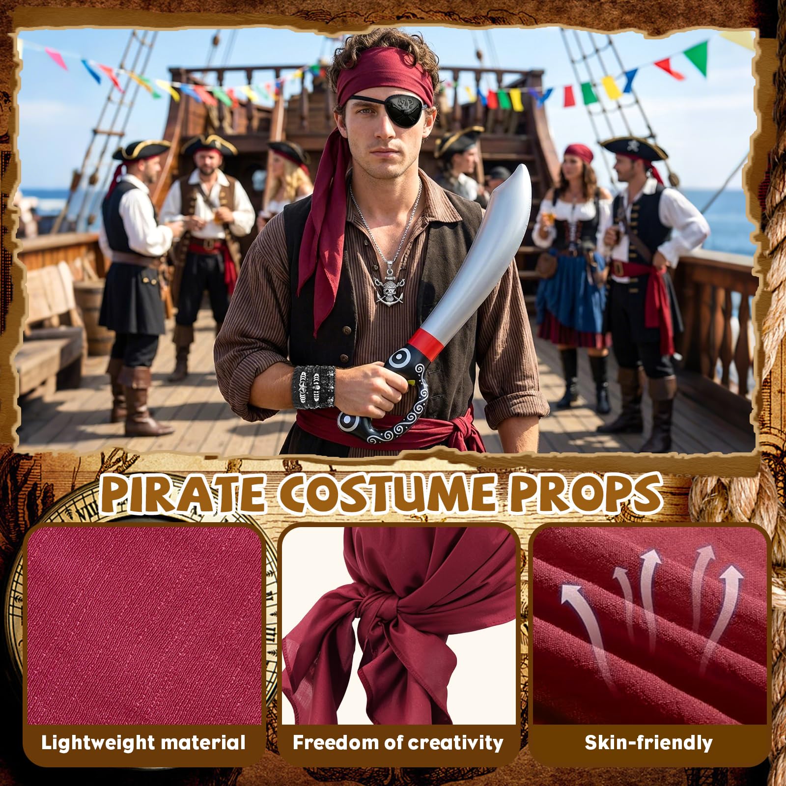 9 Medieval Pirate Costume Accessories Set for Adults,Pirate Fancy Dress Pirates Fancy Dress Set with Headscarf Eye Patch Necklace Bracelets Hip Scarf Dagger Prop for Halloween Cosplay Party (pirate) - Image 4