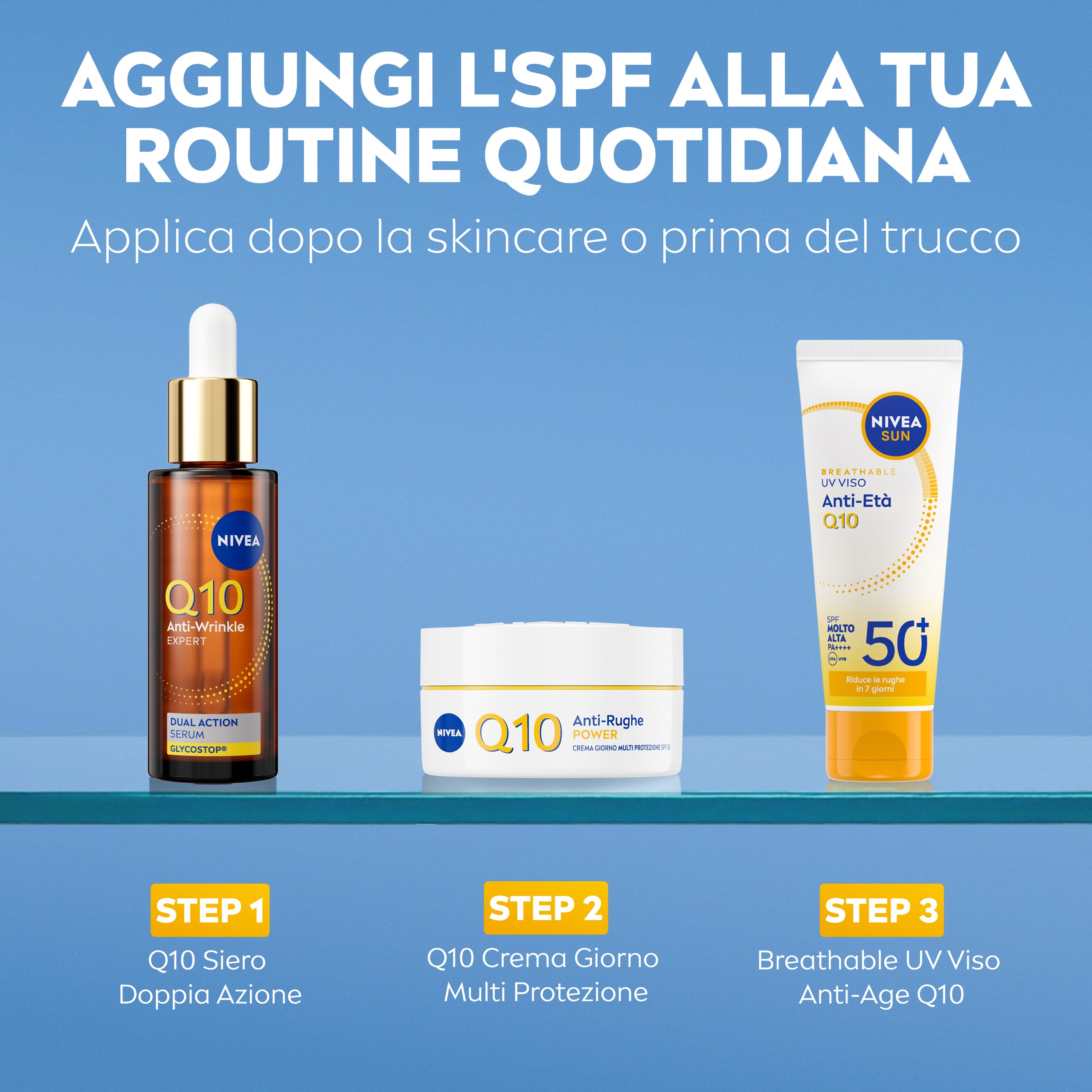 NIVEA SUN Anti-Age Q10 SPF 50+ 40 ml, Crema solare viso antirughe contro il fotoinvecchiamento, Crema viso SPF 50+ con Collagene e Coenzima Q10, Protezione solare ultra leggera, Non comedogena