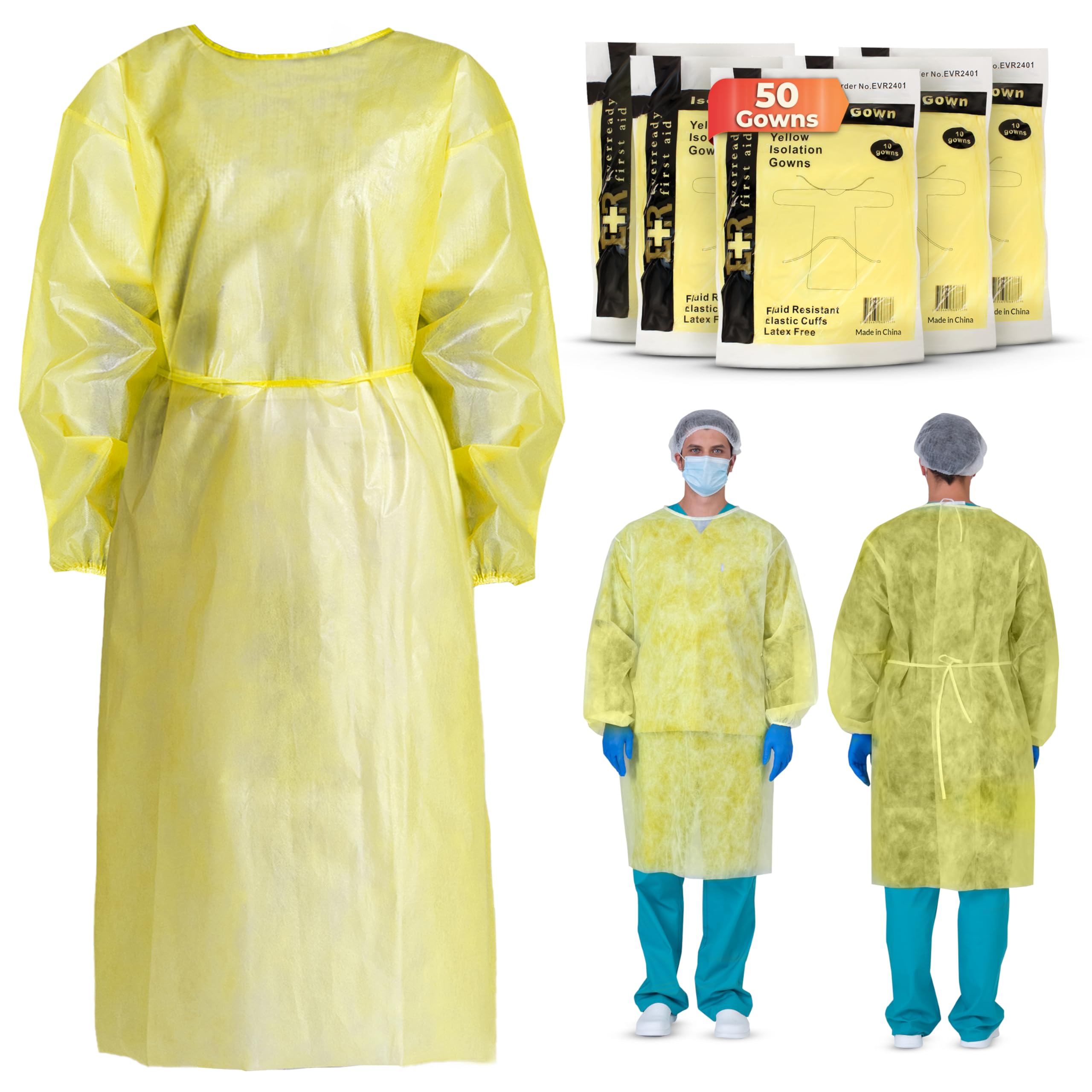 Ever Ready First Aid Disposable Isolation Gown with Elastic Wrists, Universal Size, Yellow - Case of 50