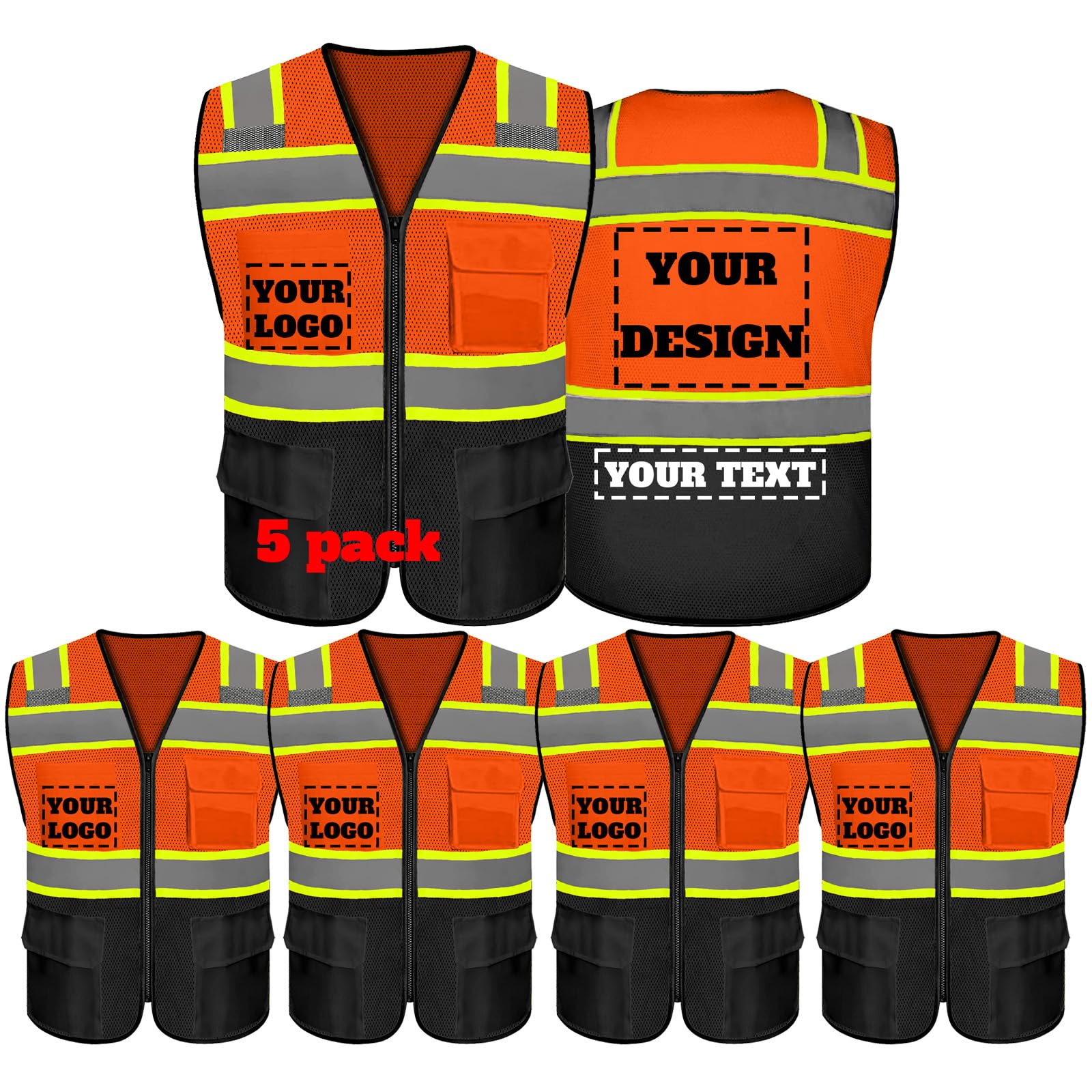evershare Safety Vest Reflective High Visibility with 5 Pockets ＆Zipper Class 2 Adult Unisex Construction Security Workwear