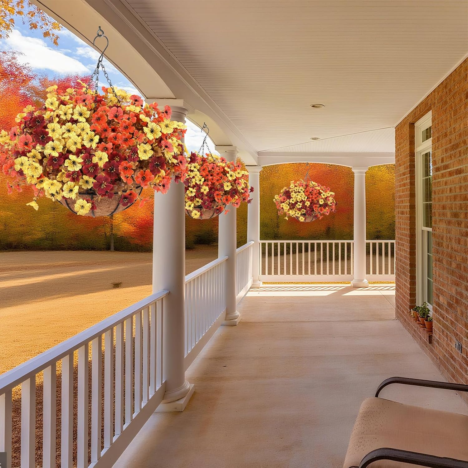 Geegoods 2 Set Artificial Hanging Basket Fall Flowers for Outdoor, Fake Faux UV Resistant Look Real Mixed Mums Plants for Autumn Porch Patio Balcony Yard Home Decor - Image 6