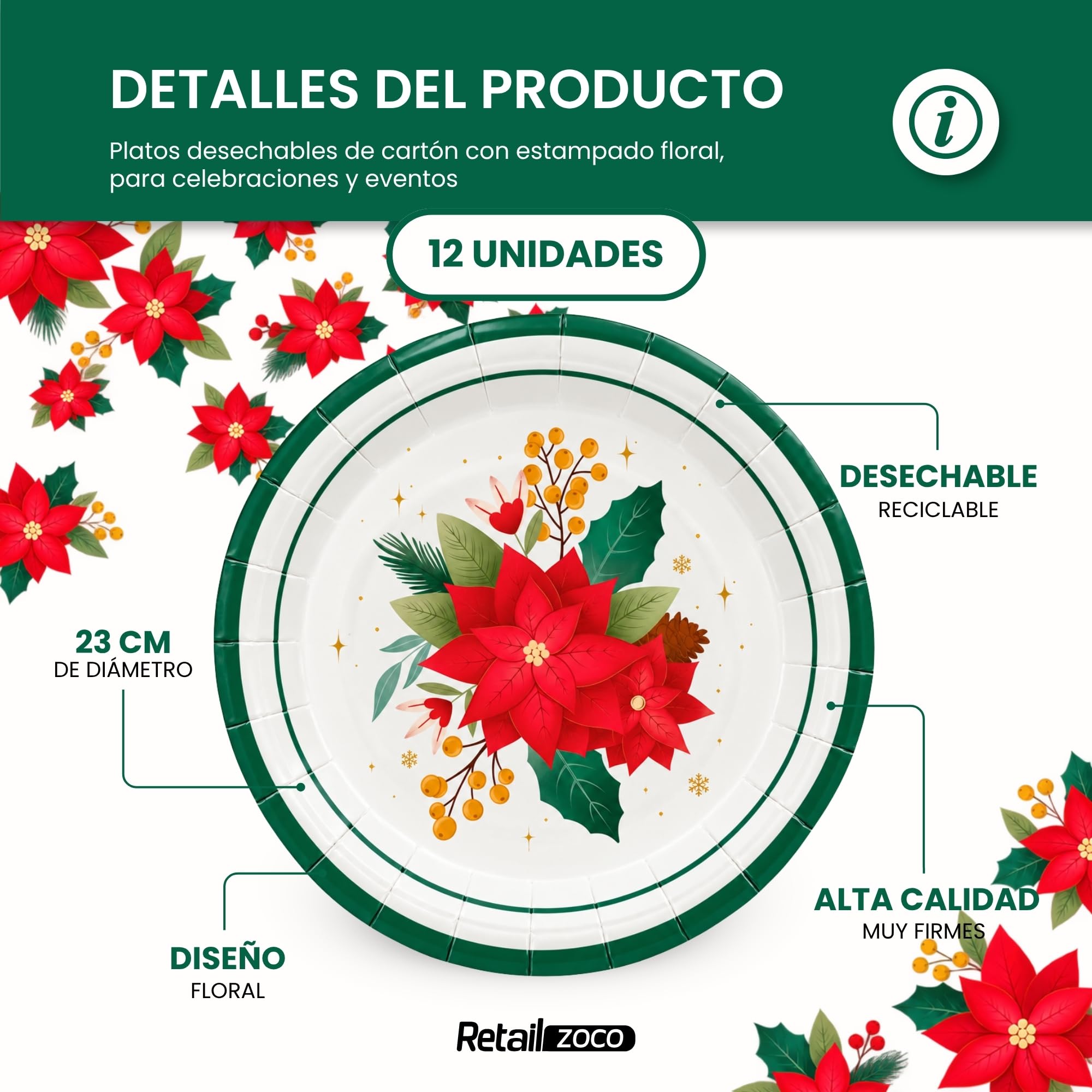 Platos de cartón, Platos Desechables cartón, Diseño Floral, 12 Unidades - imagen 2