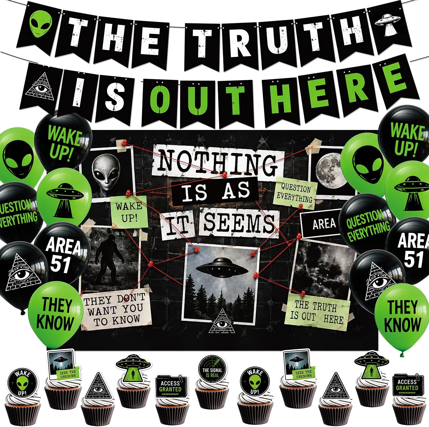 Conspiracy Party Decorations Alien UFO Mystery Party Supplies with Balloons Banner Cupcake Toppers, Funny Investigation Theme Birthday Decorations for Adults Teens Halloween