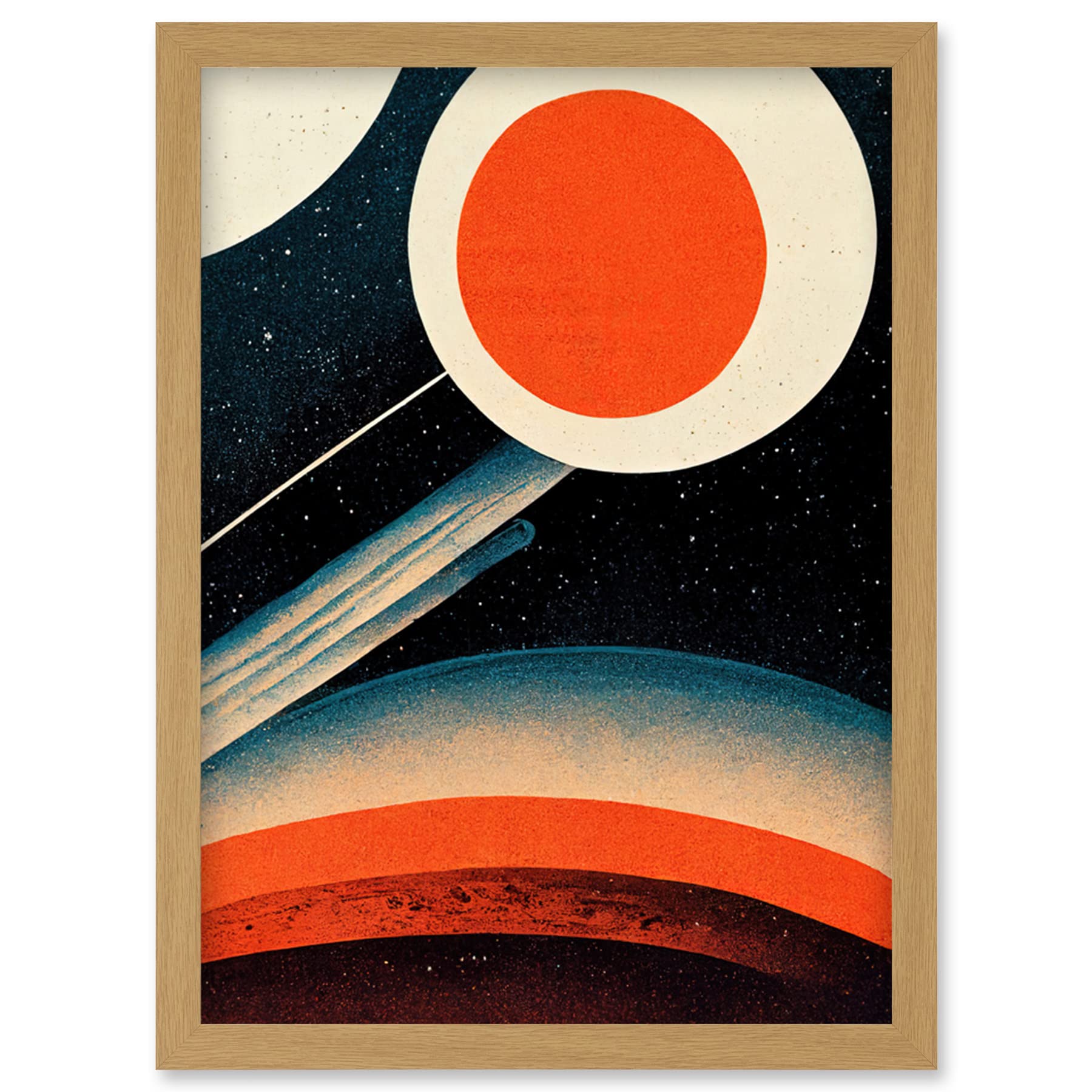 Wee Blue Coo Retro Boho Space Starscape Abstract Mid Century Style Navy Teal Orange Cream Artwork Framed Wall Art Print A4