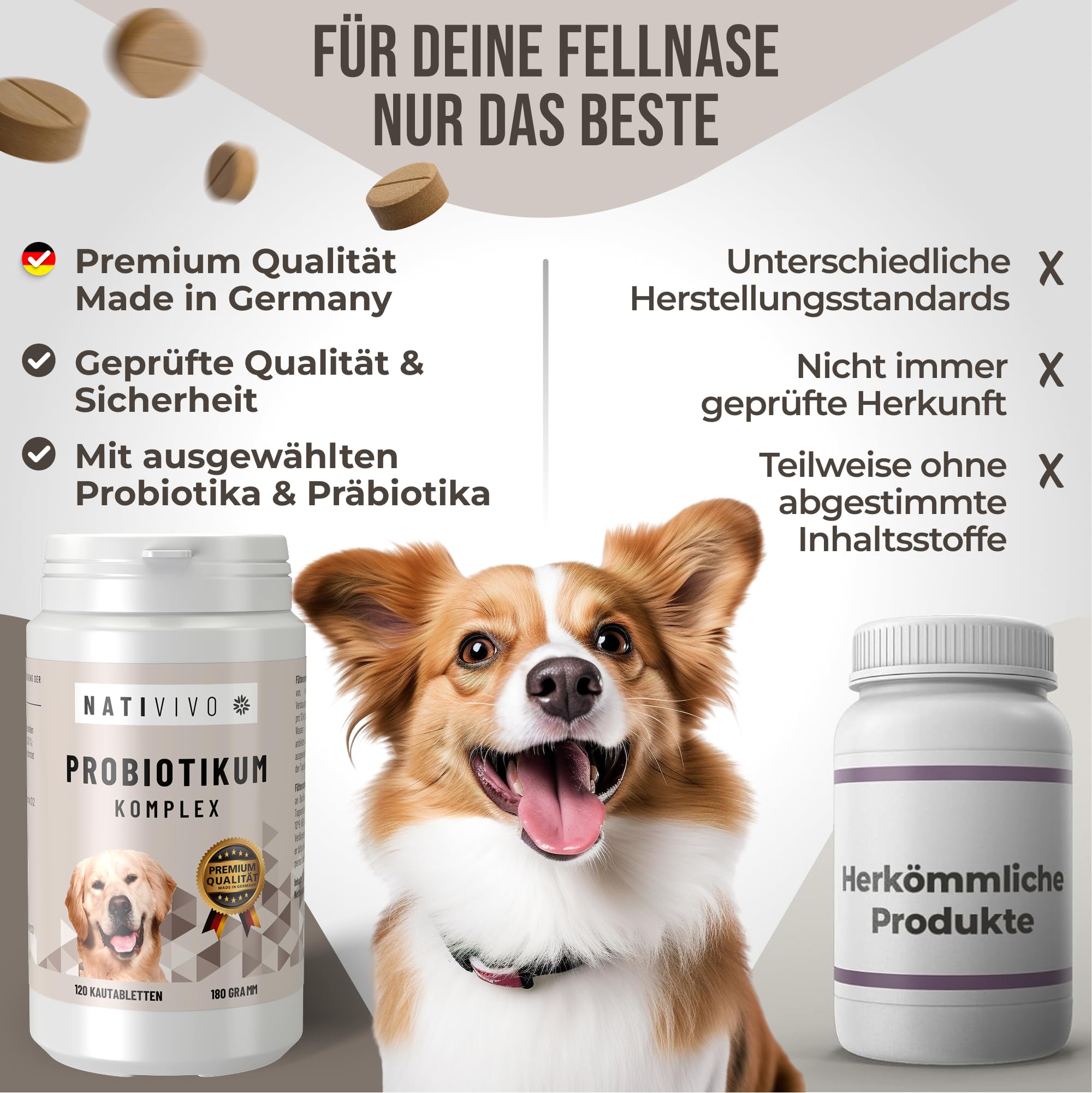 Probiotikum Komplex - Probiotika Darmkur Dia Tabs unterstützend bei Sodbrennen & Durchfall. Unterstützt das Immunsystem, die Verdauung, Darmflora & Darmsanierung bei Hunden. Made in Germany