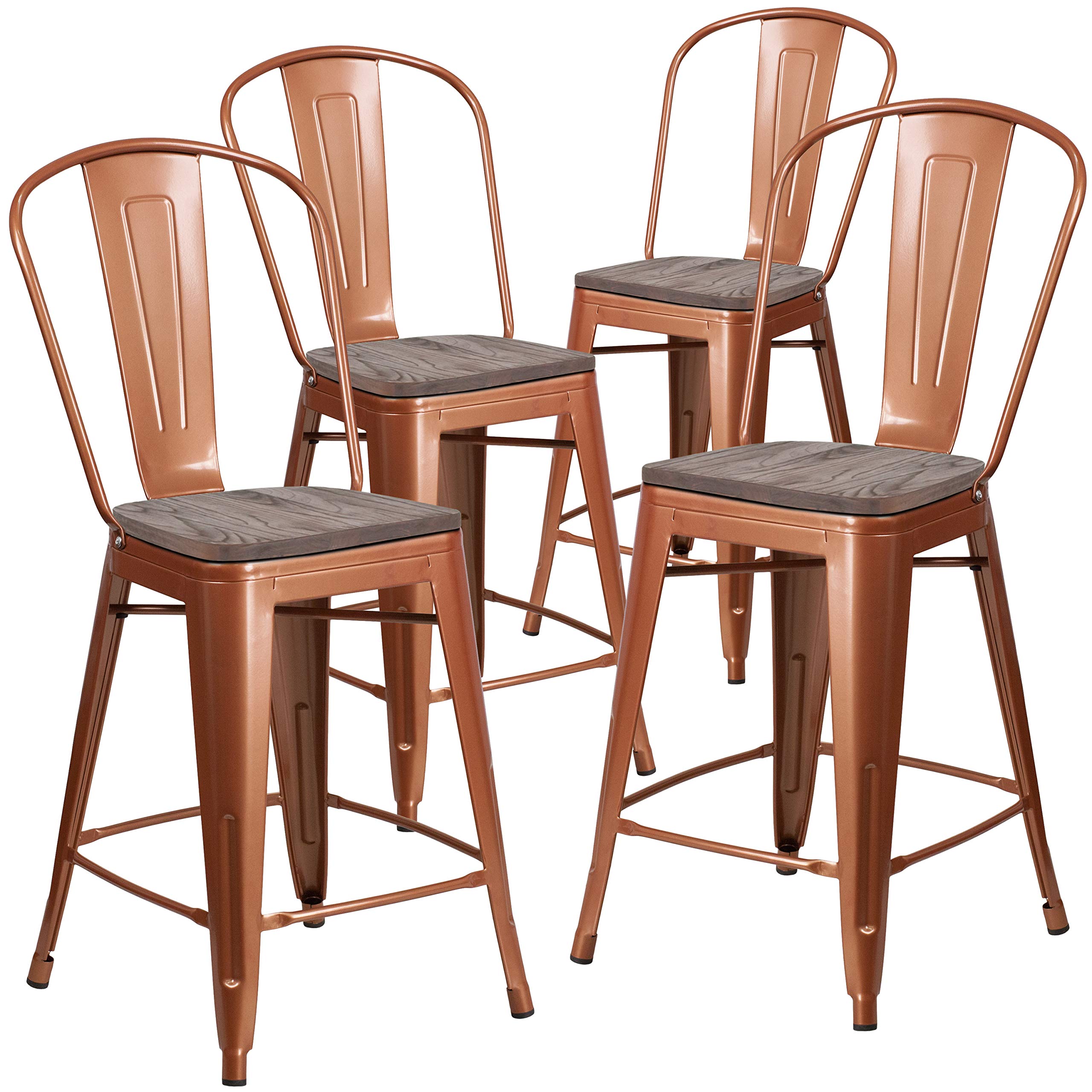 Flash FurnitureBlake 4 Pk. 24" High Copper Metal Counter Height Stool with Back and Wood Seat