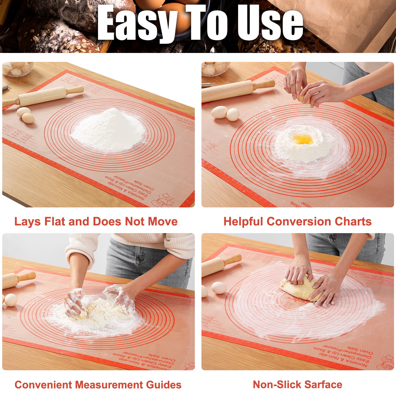 Alfombrilla de silicona para hornear de 36 x 24 pulgadas, antideslizante y reutilizable con medidas, tabla de amasar antiadherente, para masa, pastelería, corteza de pastel, fondant, galletas, pan