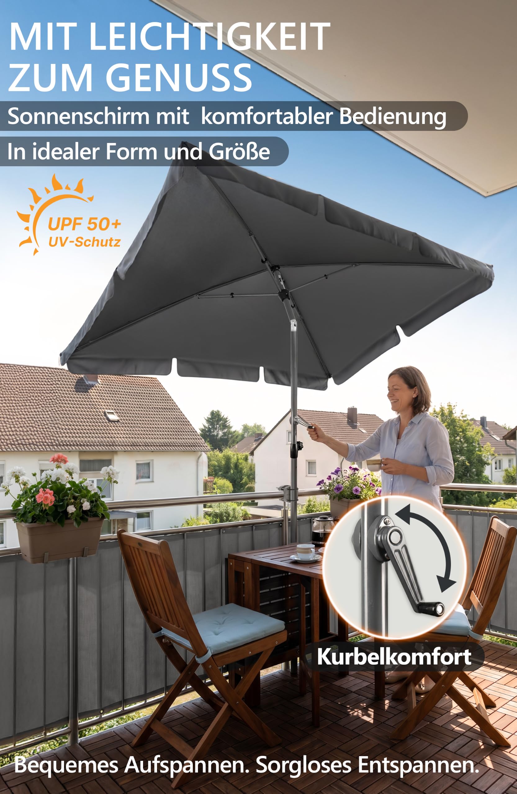 Menz Balkonschirm mit Kurbel, Sonnenschirm rechteckig 200x125 cm, Sonnenschirm Balkon, UV 50+ Sonnenschutz Balkon mit Schutzhülle mit Kurbel, knickbar und höhenverstellbar, Anthrazit