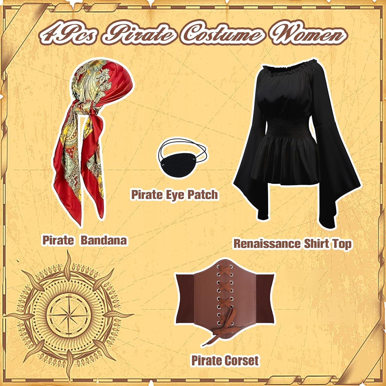 4Pcs Pirate Costume Women-Include Renaissance Shirt Top Women,Pirate Corset Bandana-Halloween Carnival Cosplay Outfit - Image 2