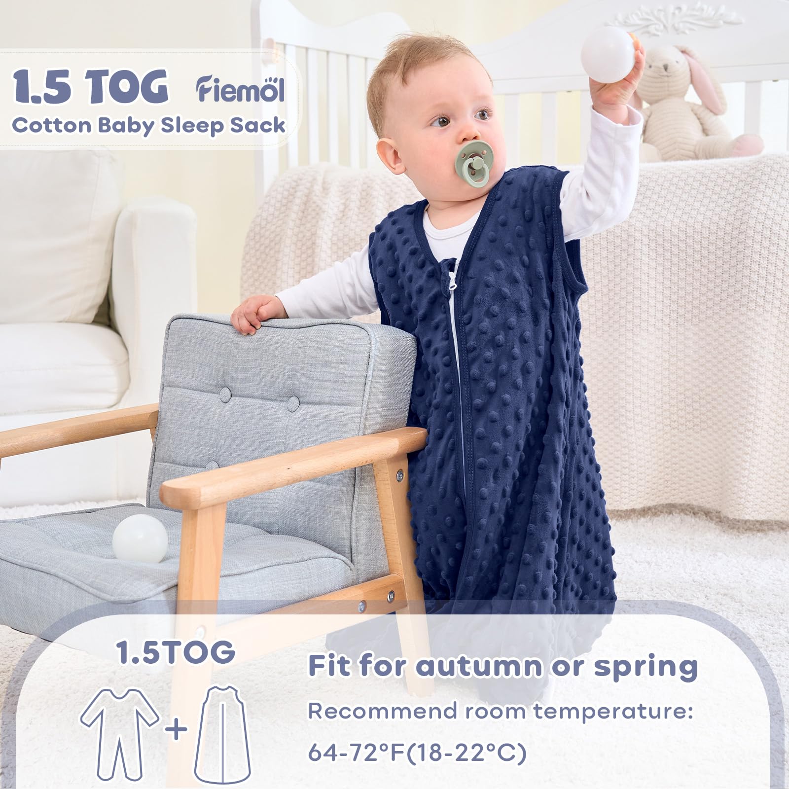 FIEMOL Sacco Nanna Invernale 12-18 Mesi, Neonato Sacchi Nanna 1.5 Tog Autunno con Pois di Peluche, Morbido Sacco Nanna per Bambini in Cotone, Confezione da 2 Pezzi Blu e Grigio