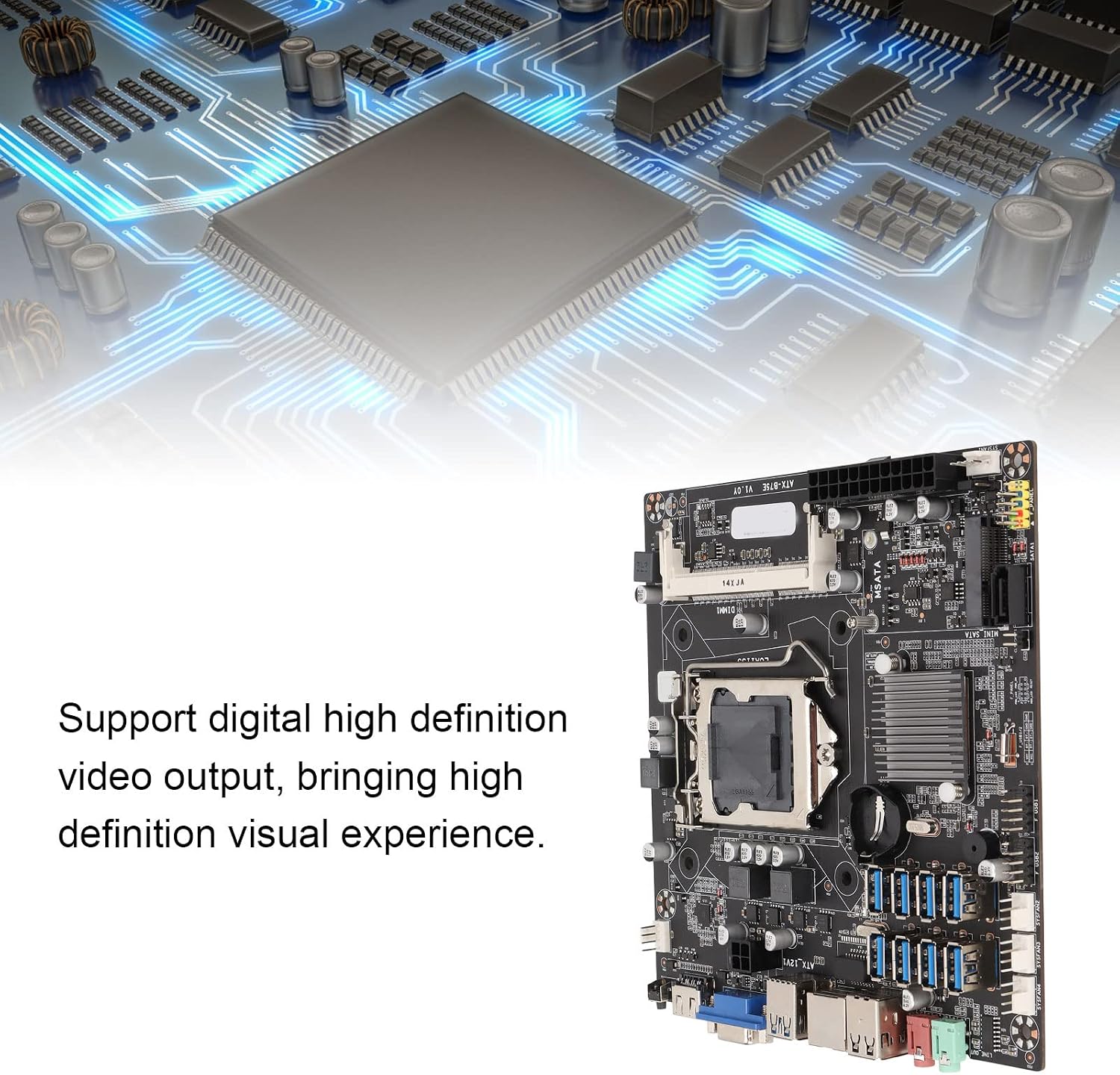 Zunate ATX B75E Motherboard with a circuit board background, highlighting digital high-definition video output