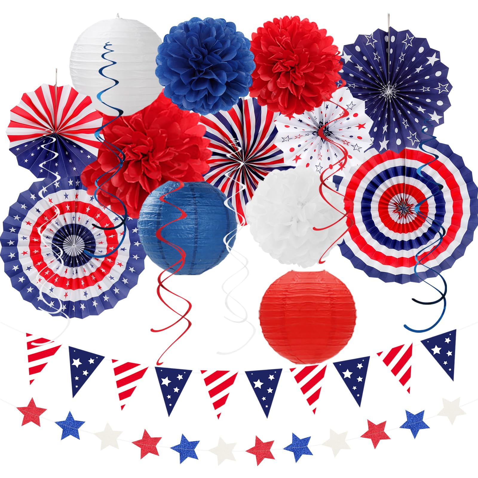 Red-White Blue Memorial-Day Patriotic Decorations - 21pcs 4th Fourth of July Paper Lanterns Fans,Tissue Pom Poms Streamers,Honeycomb Balls,USA