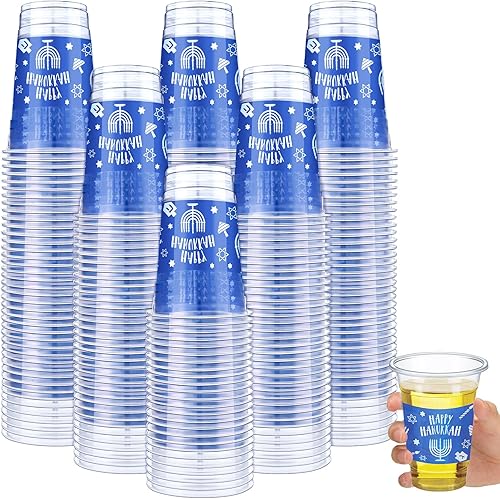 Sliner 200 vasos desechables de plástico de Hanukkah de 16 onzas, vasos desechables azules de Hanukkah, vasos desechables para bebidas, helado,