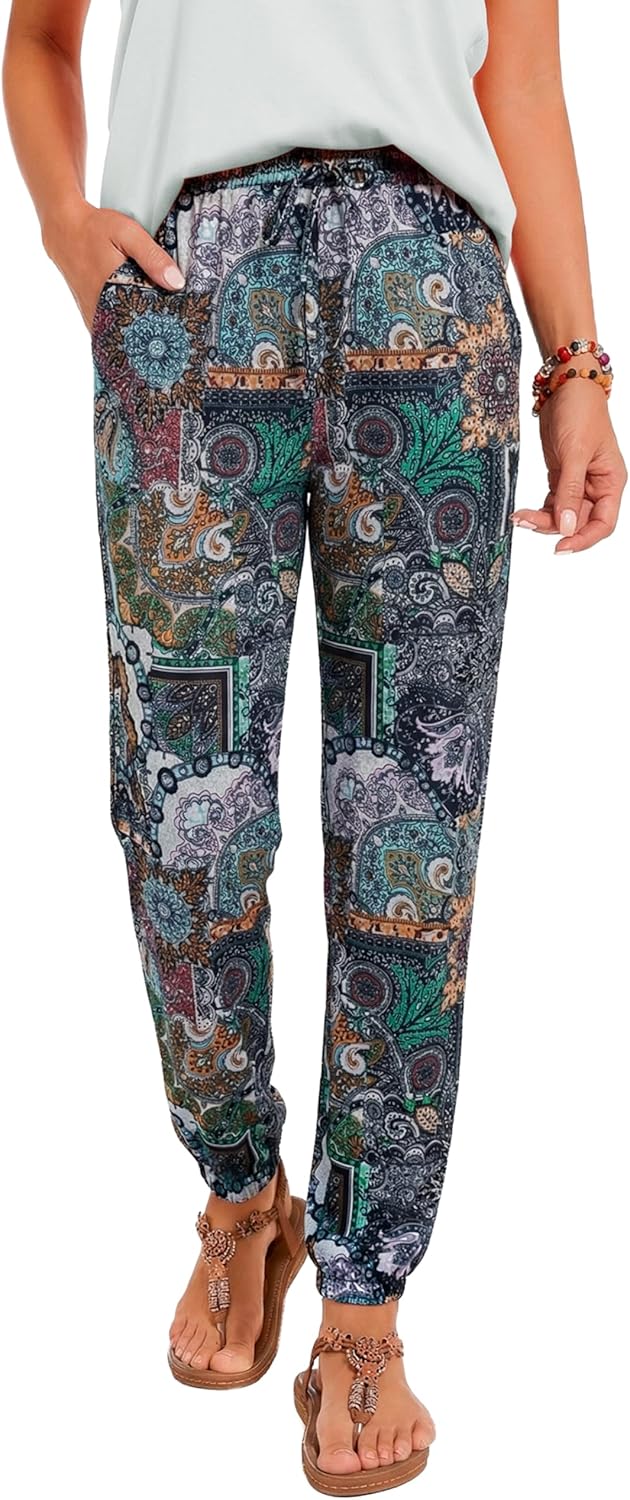 YUTILA Lange zomerbroek voor dames, lichte en luchtige vrijetijdsbroek met hoge taille, casual, los, strandbroek met trekkoord en zakken, Beige witte cashewbloesem, S