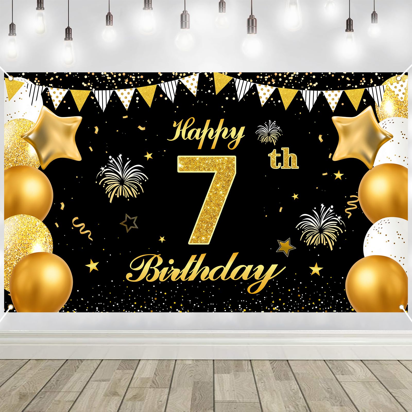 7th Birthday Decorations Banner Gold Black Happy Birthday Door Banner for Party Photo Backdrop for Men Women Home Outdoor Cover Party Decoration Supplies Poster