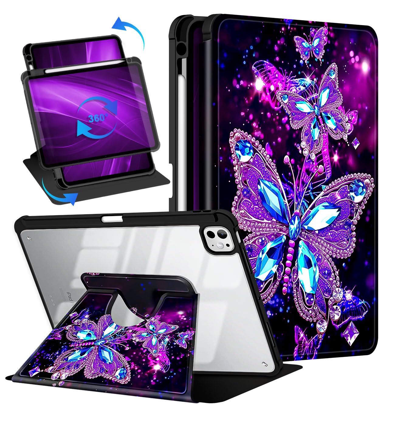 Casetego for iPad Pro 11 Inch Case 2024 5th Generation (M4) Case with Pencil Holder,360°Rotating Adjustable Stand Protective Cover,All Butterfly