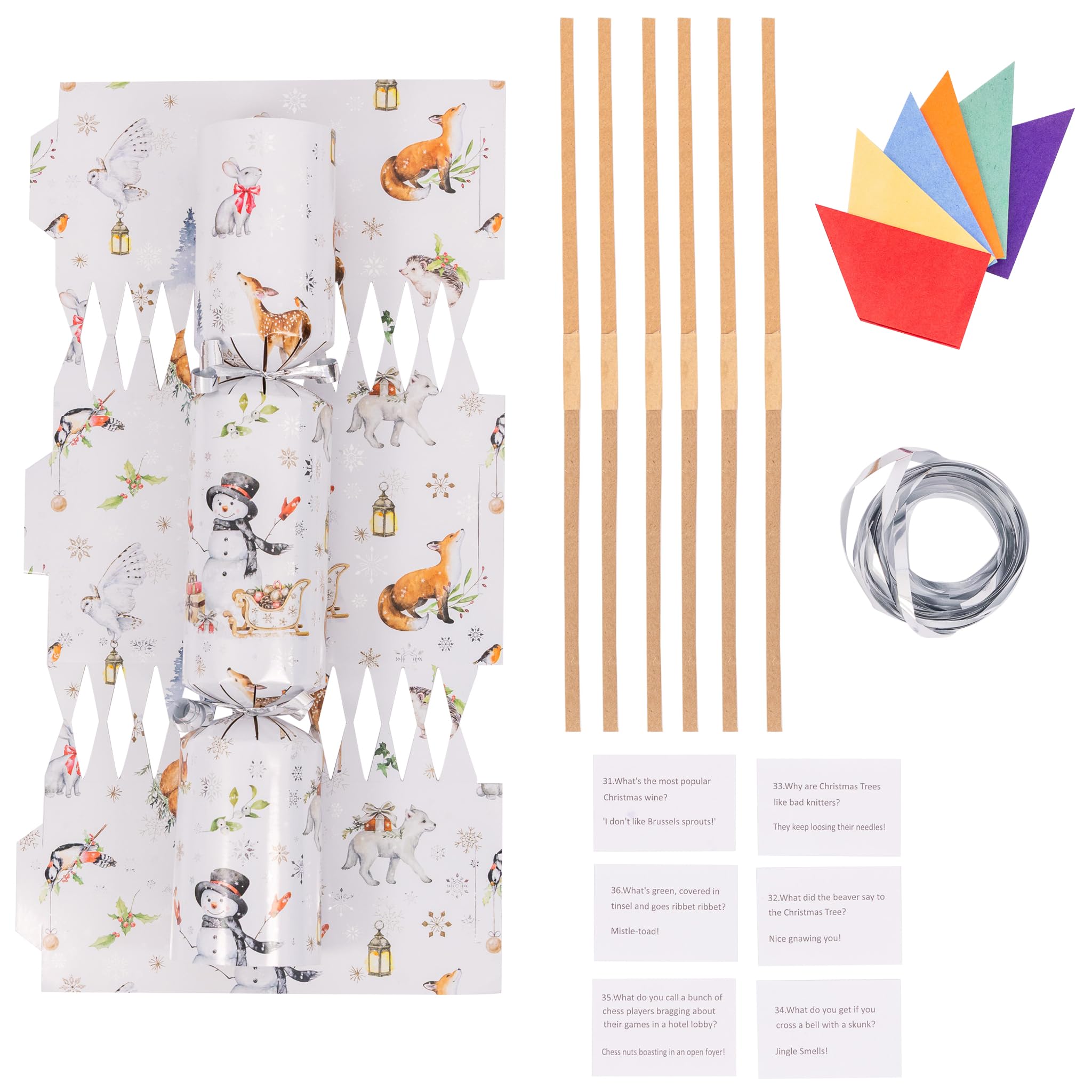 Evelay Woodland Make Your Own Christmas Cracker Kit - Pack Of 6 Festive Diy Crackers With Hats, Jokes & Ribbons - Personalise Your Own Fillers - Fun Xmas Craft Activity (Woodland)