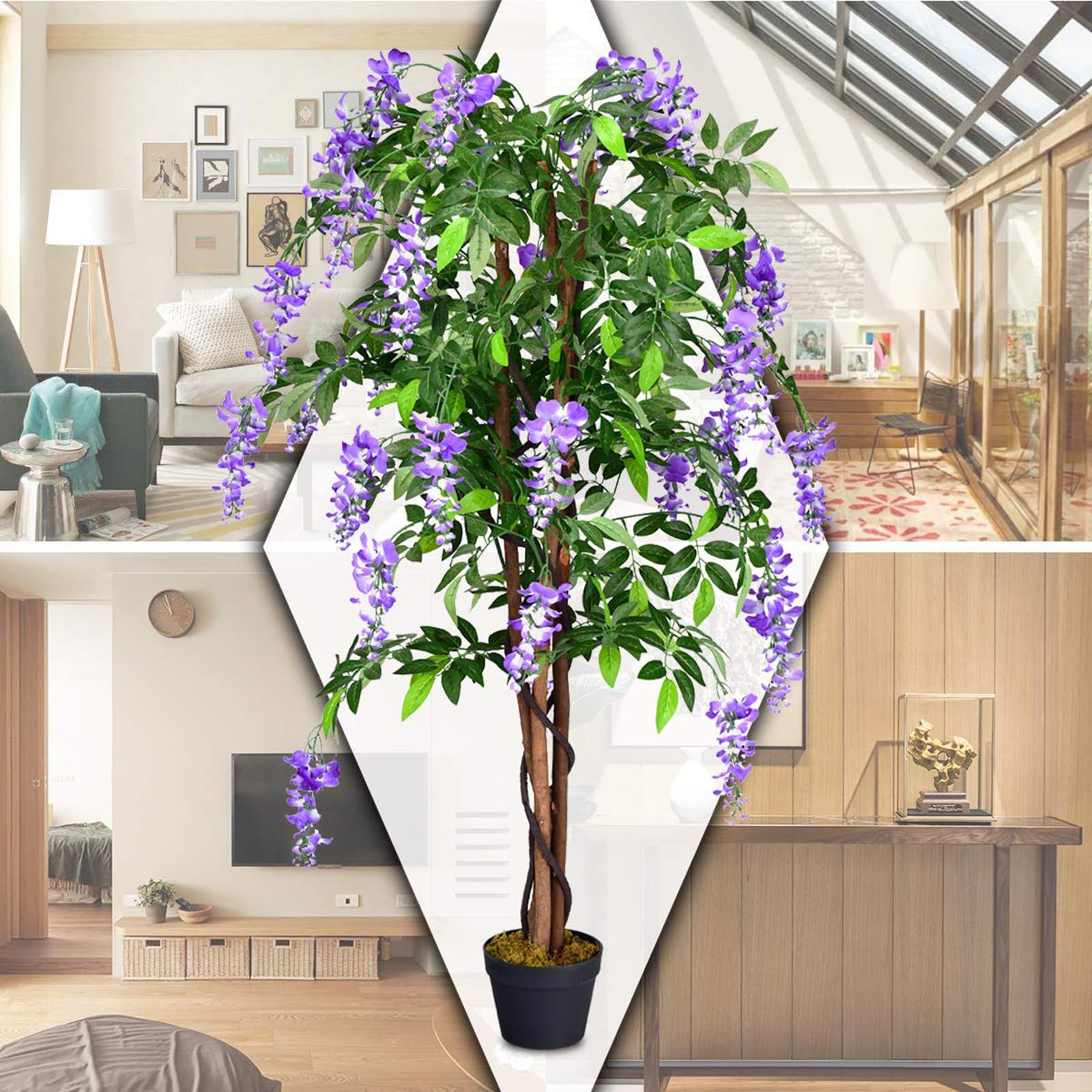 COSTWAY Plantas Artificiales Decorativas, Flores Artificiales con Ratán Simulado con 840 Hojas, Árbol Artificial Planta Simulación con Flores moradas para Oficina Hogar Boda Interior Decoración