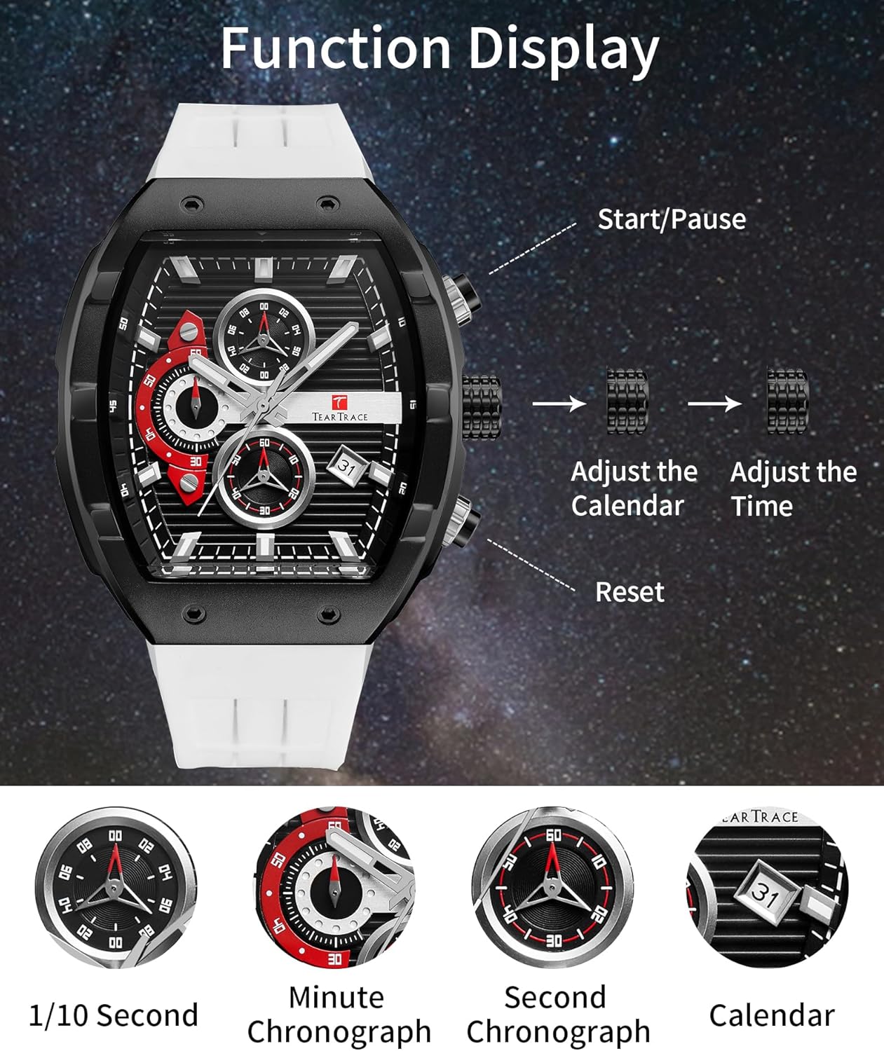 Watches for Men Analog Quartz Waterproof Sport Men’s Watch Tonneau Chronograph Luminous Fashionable Unique Casual Watch with Silicone Strap - Image 5