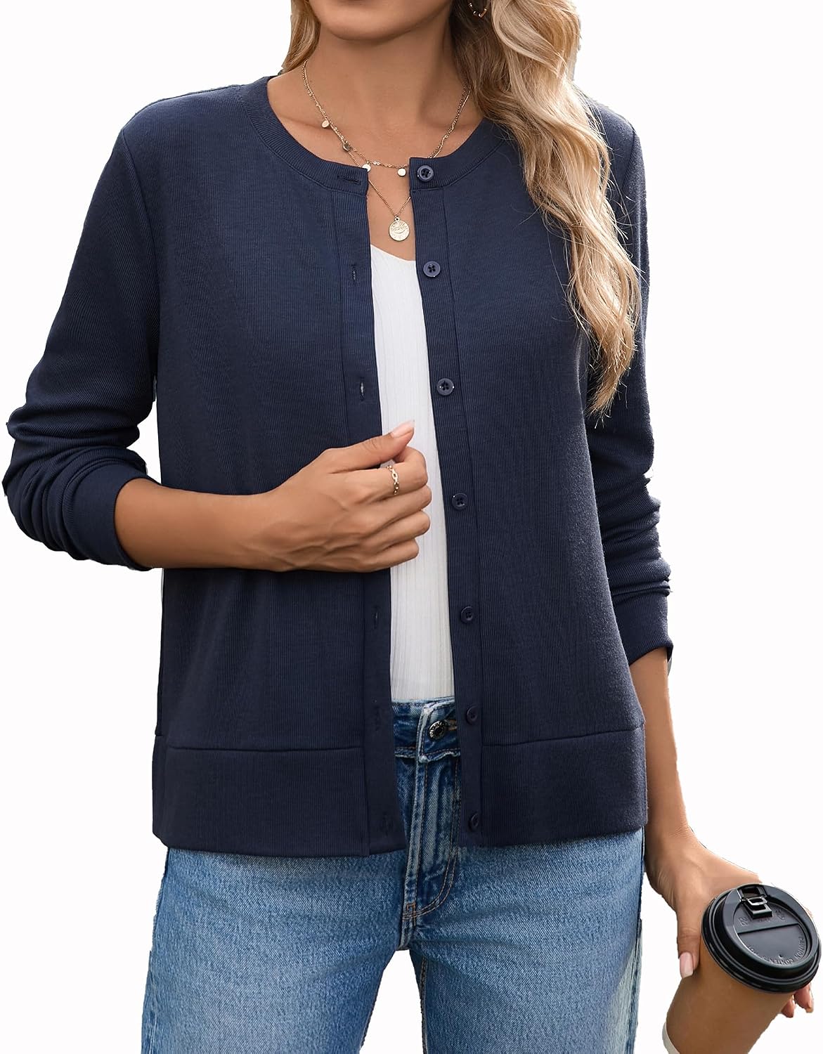 Hount Womens Long Sleeve Crewneck Button Down Cardigans Soft Knit Basic Open Front Lightweight Cardigan Sweaters