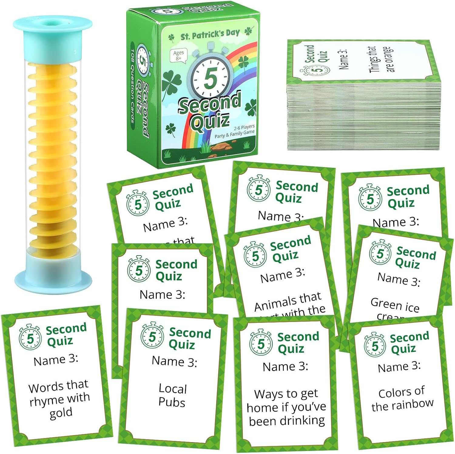 gisgfim St. Patrick's Day 5 Second Game 108 Simple Question Cards 5 Second Hourglass Question Card Game for Adult Family Party Travel Night Sleepover Think Fast and Shout Out Answer