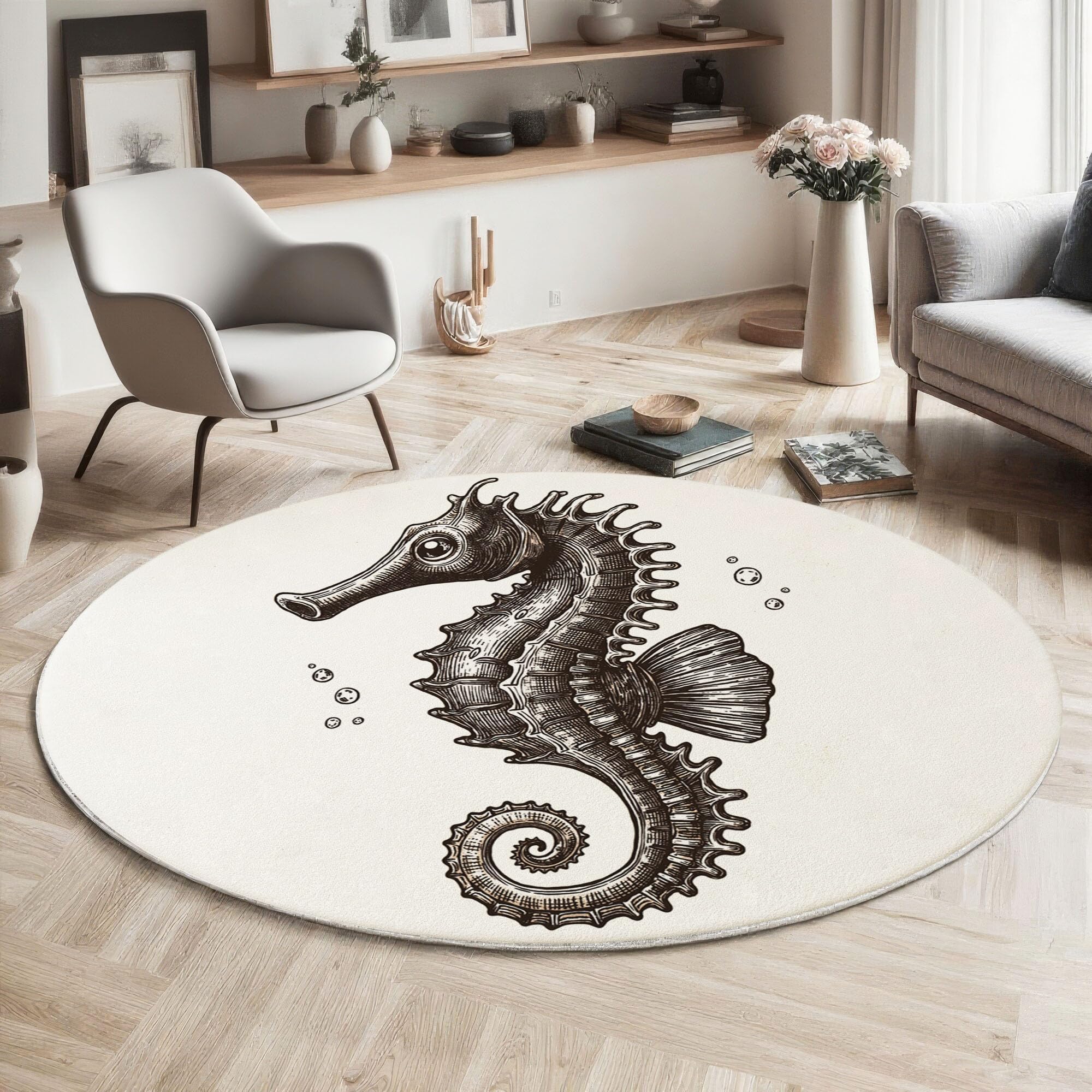 Lignes : Hippocampe Tapis Rond 120cm, Animal Marin Tapis De Sol Décoration Doux Antidérapant pour Chambre à Coucher Balcon Errasse Salle à Manger Intérieur, Blanc