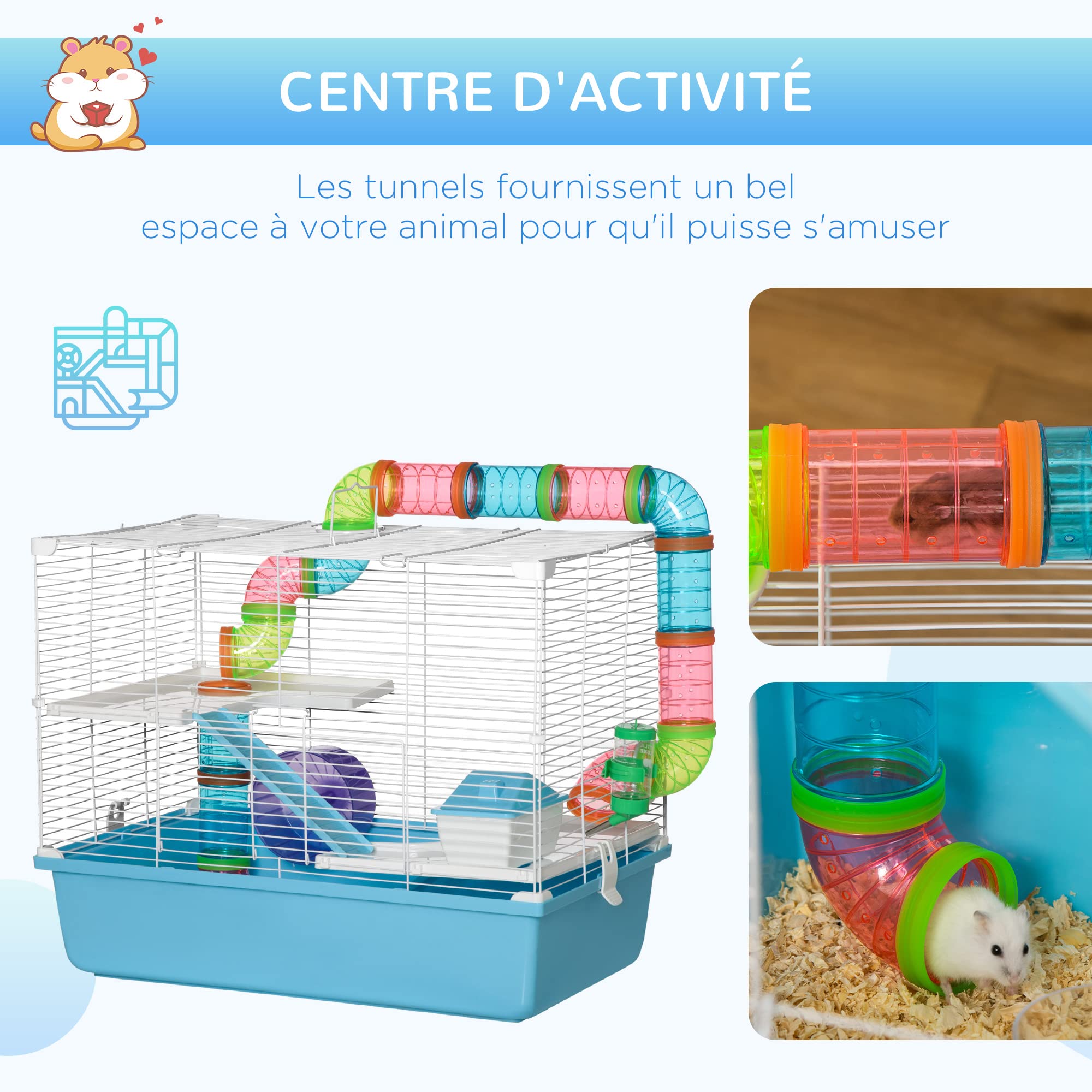 PawHut Käfig für Nagetiere und Hamster, 3 Ebenen, mit Tunnel, Wasserflasche, Rädern, Haus, Leiter, Maße: 59 x 36 x 47 cm (L x B x H)