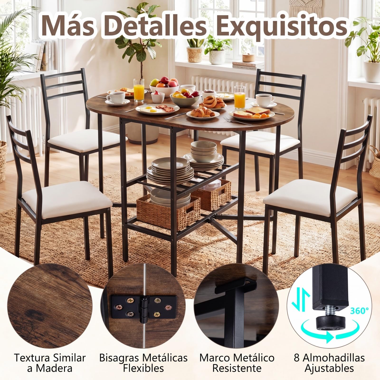 COSTWAY Mesa de Comedor Extensible, Mesa de Cocina Plegable con 2 Hojas Abatibles, 2 Estantes de Almacenamiento, Estructura de Metal, para Sala de Estar, Espacios Pequeños, 110 x 70 x 76 cm (Marrón)