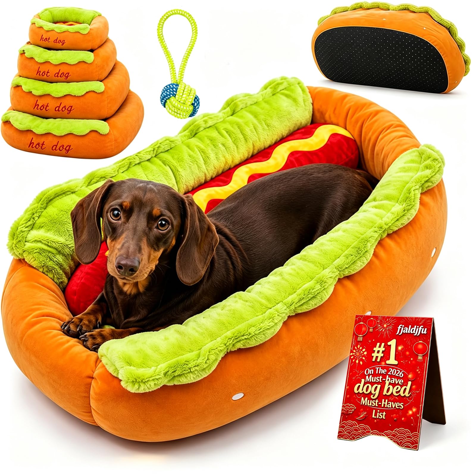 fjaldjfu 2027 New Hot Dog Dog Bed For Dachshund, Novelty Hot Dog Bun Dog Bed, Soft Plush Small Cute And Warm Cozy Food Dogs Cat Bed, Removable & Washable Pet Mat, Washer (#01,XL:80×70×21cm)