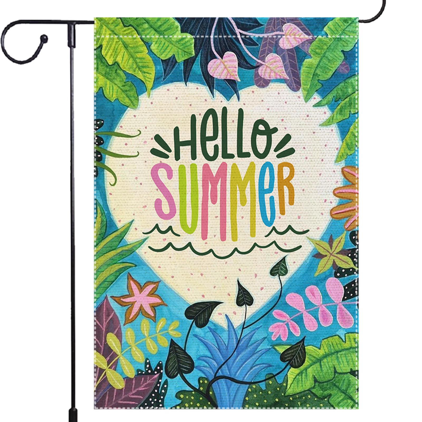 Hello Summer Garden Flag 12x18 inch Double Sided Tropical Beach Vertical Garden Flags Pool Home Summer Garden Decor Outdoor Decorations