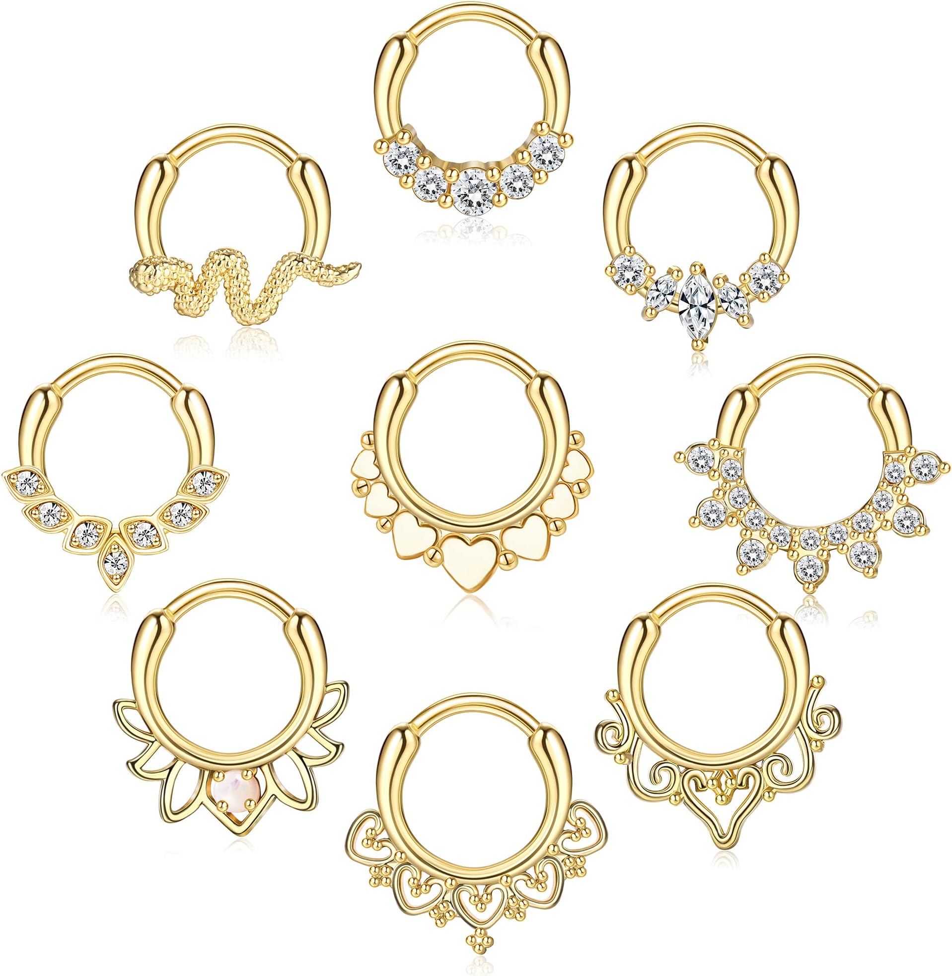 Kakonia9Pcs 16G Septum Nose Rings for Women Septum Piercing Daith Stainless Steel CZ Cartilage Helix Septum Clicker Nose Piercing Jewelry