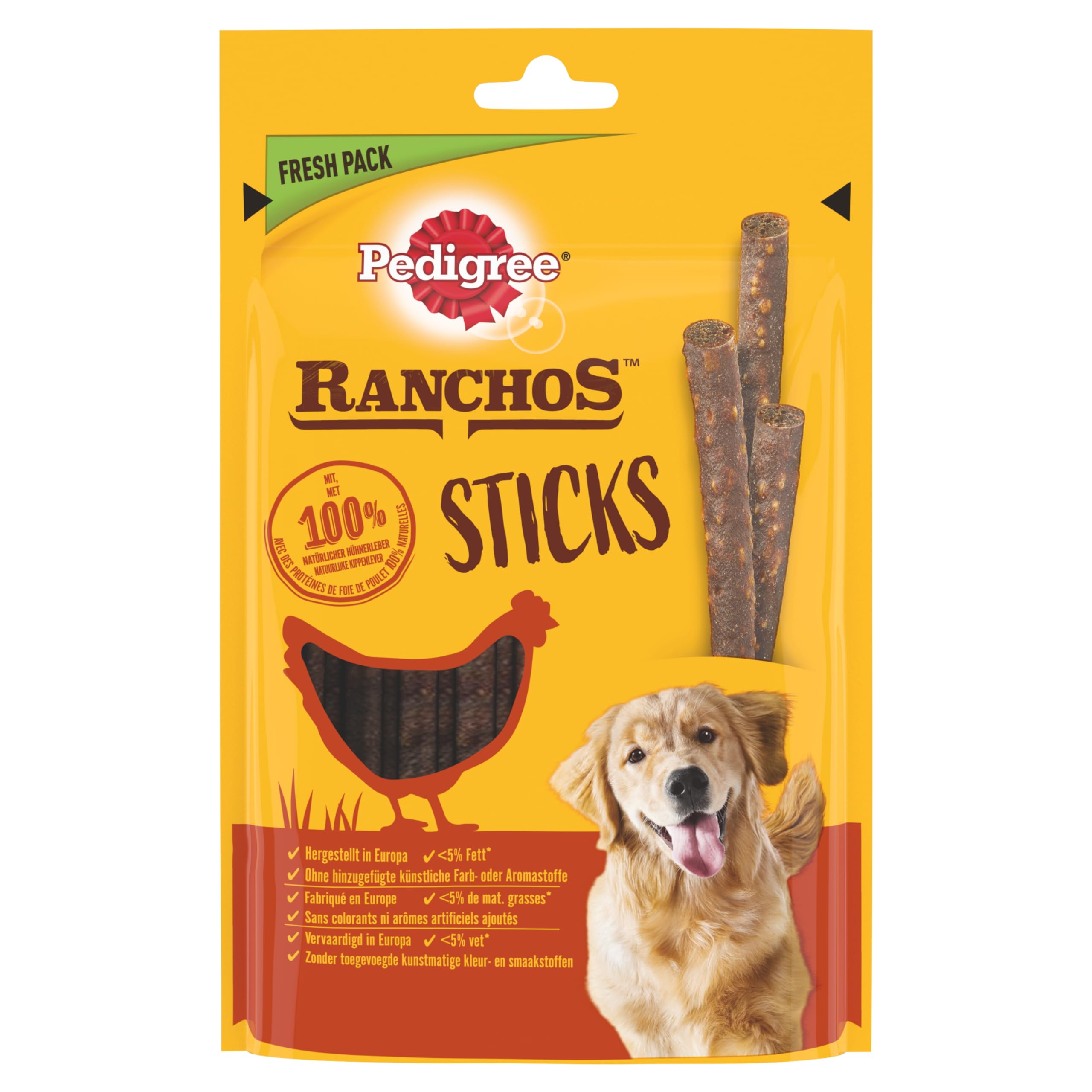 PEDIGREE Ranchos Sticks - Bâtonnets au foie de poulet - Récompenses pour chien adulte - 10 sachets de 60g
