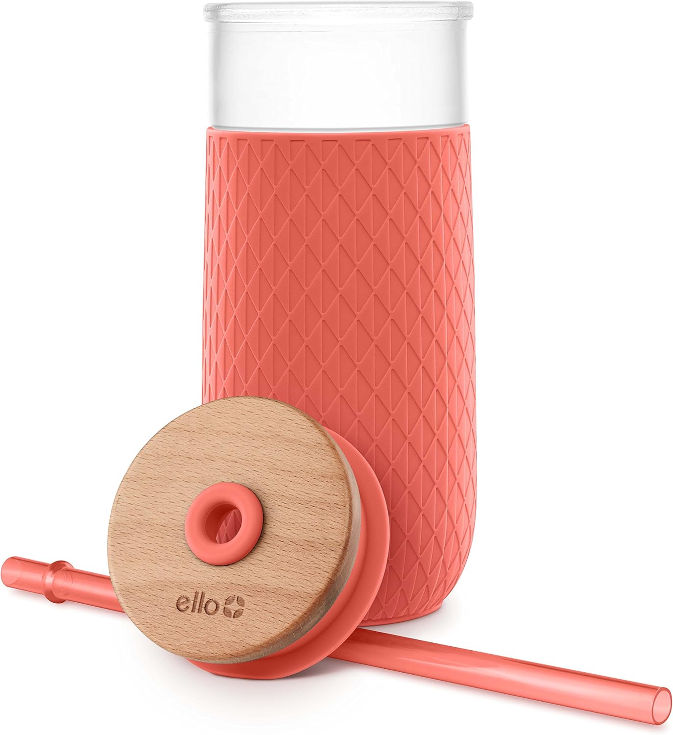 Ello Devon Glass Tumbler with Protective No Sweat Silicone Sleeve and Splash Proof Wooden Detail Lid with Straw, 18 oz : Home & Kitchen