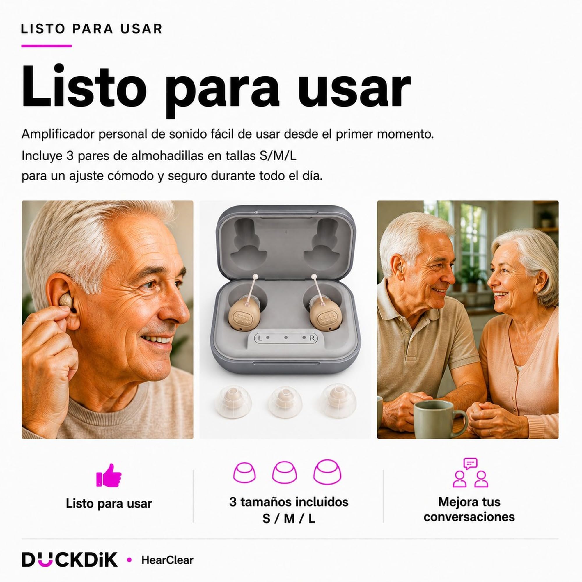 HearClear Amplificador De Sonido Con Estuche De Carga | Diseño Intrauricular Invisible Recargable | Amplifica hasta 32x | 14h Batería | Conversaciones y TV | 3 Tallas Incluidas