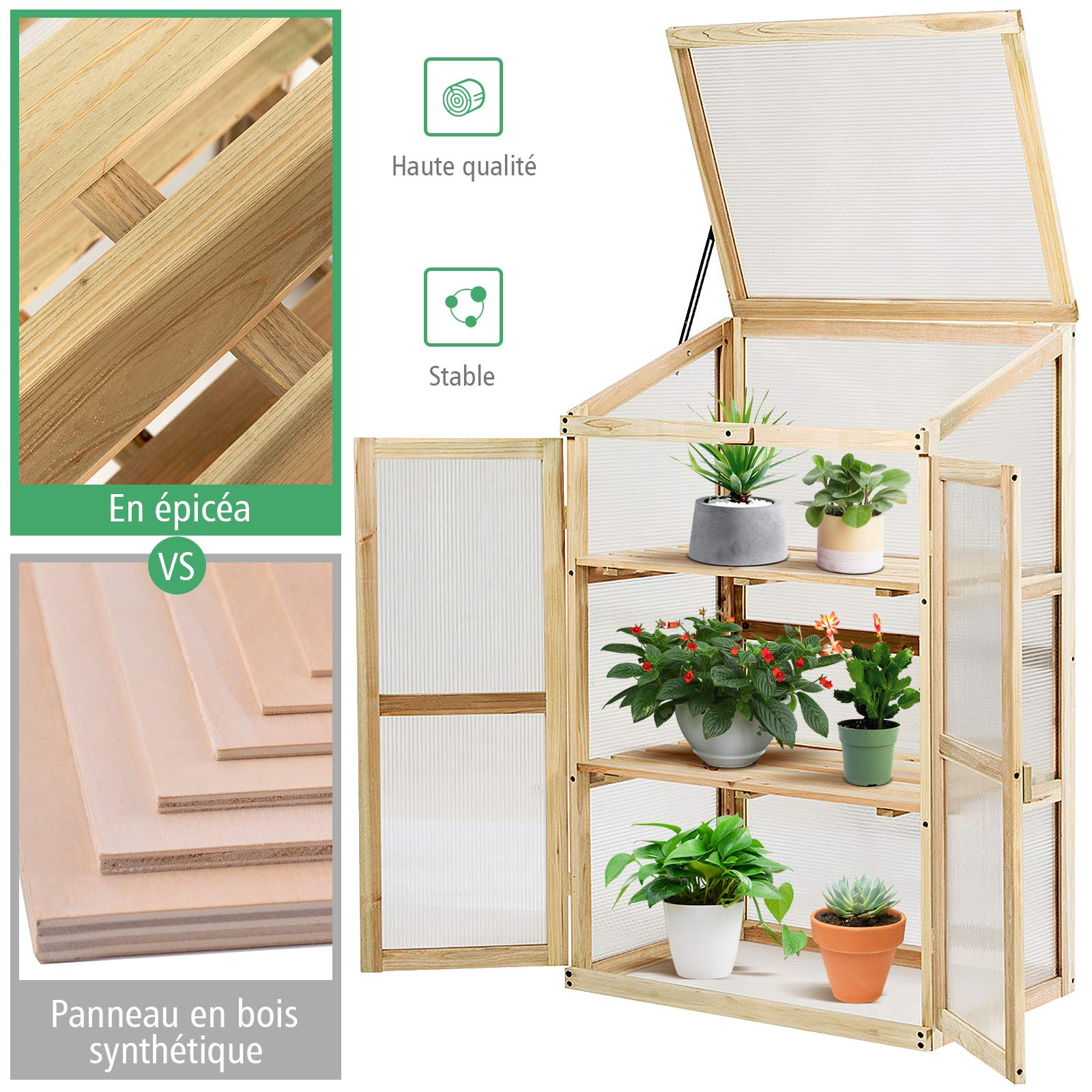 GIANTEX Serre en Bois de Sapin pour Jardin 3 Étagères, Mini Serre de Jardin pour Plantes avec Couvercle Incliné & Vitrages Transparents en Polycarbonate pour Balcon Terrasse Jardin 60x45x100 cm