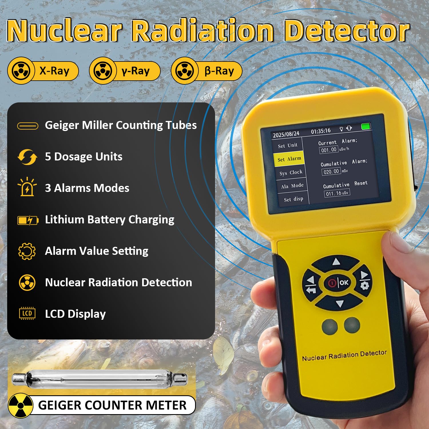 LYCEBELL 886A Geiger Counter displaying radiation measurement with higher precision, showing dose equivalent rate, cumulative dose equivalent, energy range, and sensitivity.
