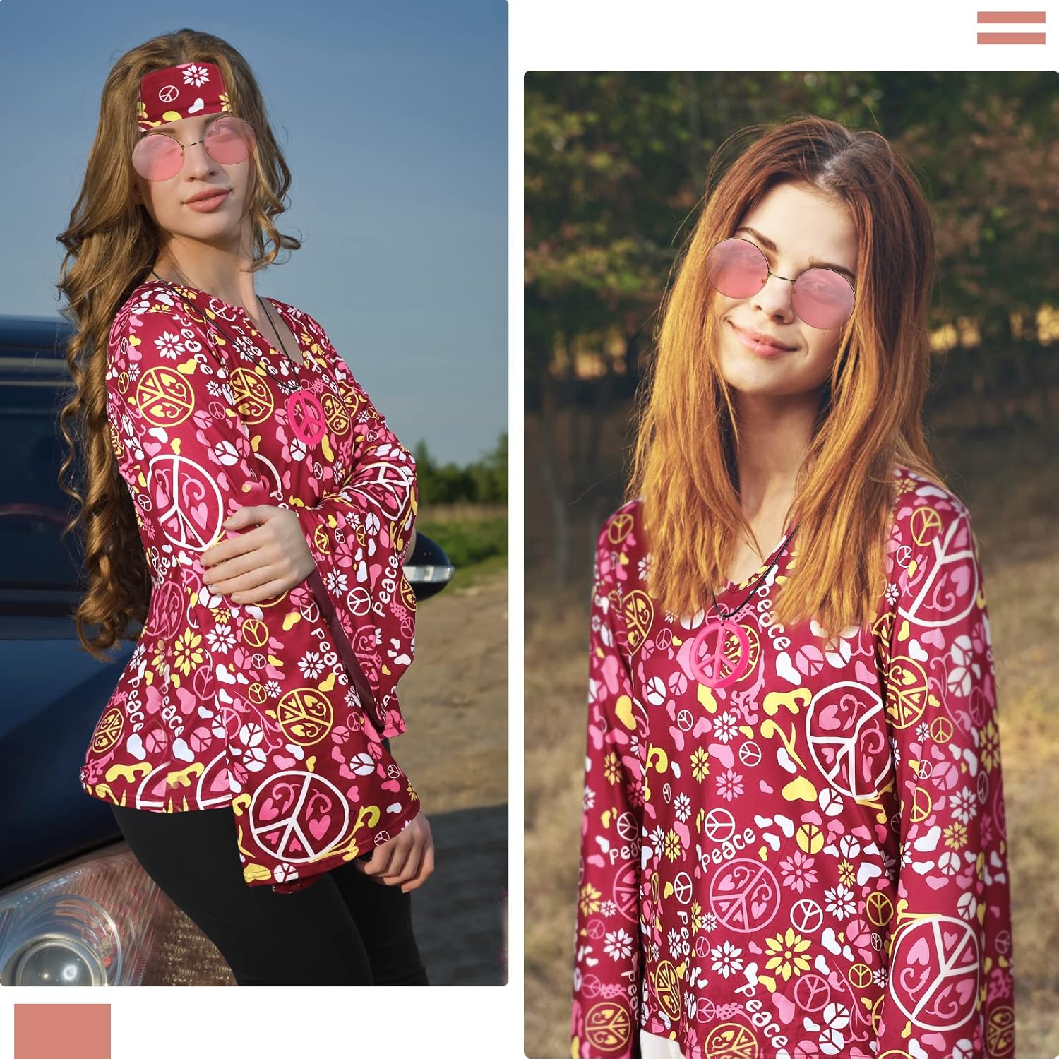 Jiuguva 17Pcs 60s 70s Outfits for Women Hippie Costume Set Disco Outfit Dress Boho Flared Pants Hippie Shirt Headband - Image 7