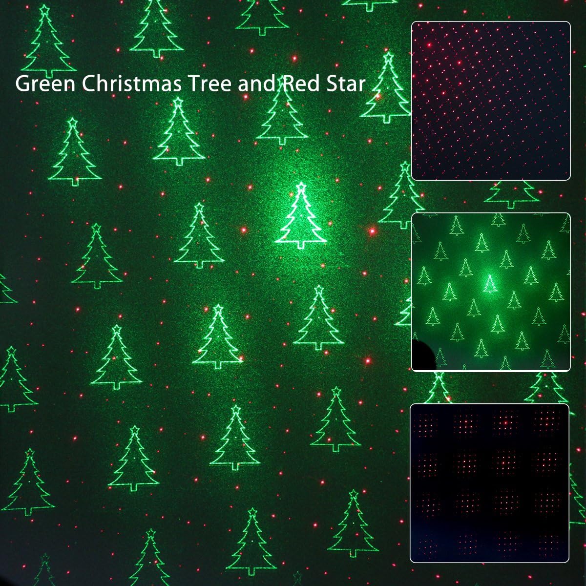 Close-up of projected green Christmas tree and red star patterns, with insets showing red dots, green trees, and combined patterns.