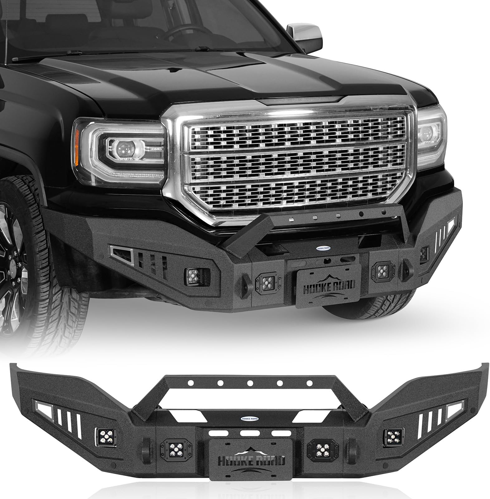 u-Box Sierra 1500 Front Bumper for 2016 2017 2018 GMC Sierra 1500, Full Width Steel Front Bumper w/Winch Plate & D-ring Mounts & LED Spotlights